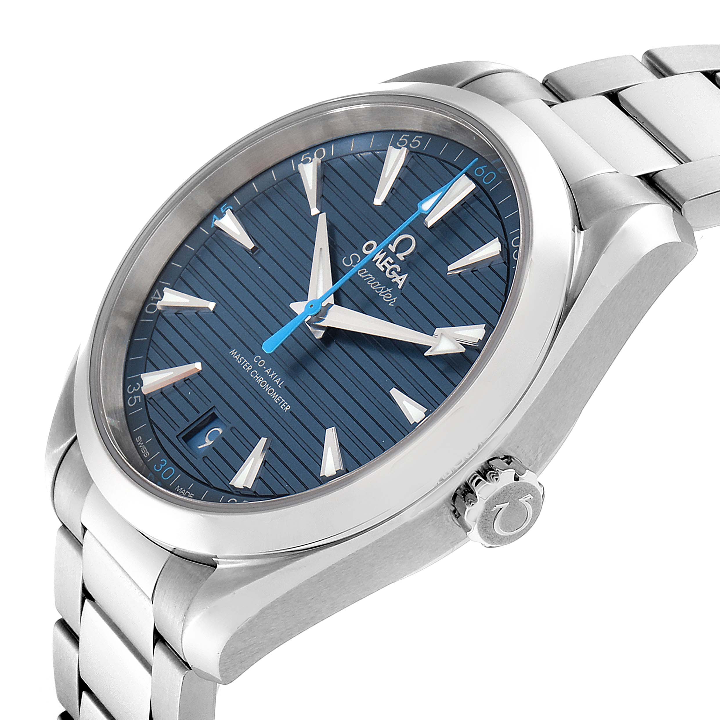 The image shows an angled close-up of the Omega Aqua Terra 220.10.41.21.03.002 Men's Stainless Steel Blue Dial 220.10.41.21.03.002 Men's Stainless Steel Blue Dial watch, displaying the dial, crown, and part of the bracelet.