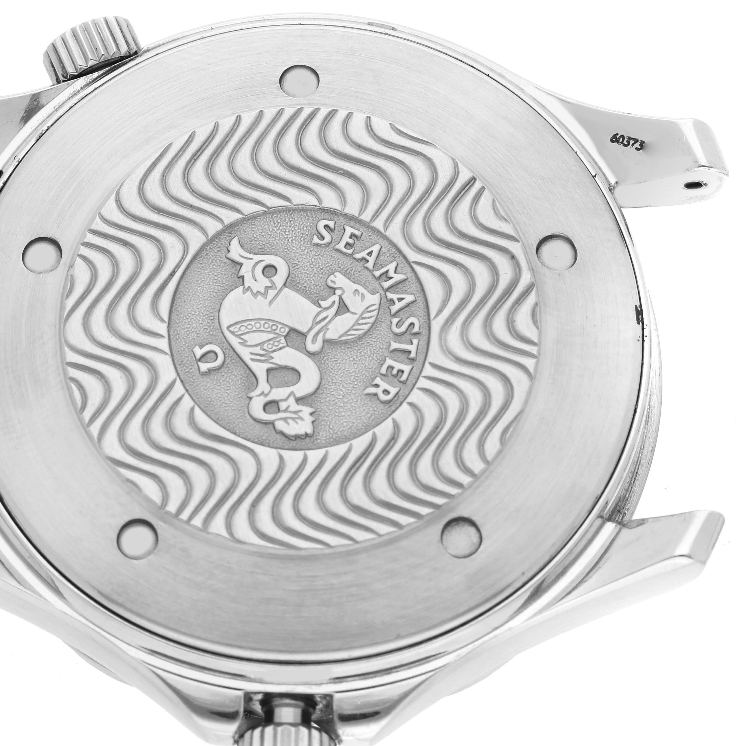 This image shows the back case of an Omega Seamaster 2531.80.00 Men
s Stainless Steel Blue Dial 2531.80.00 Men
s Stainless Steel Blue Dial watch, featuring its engraved logo and waves design.