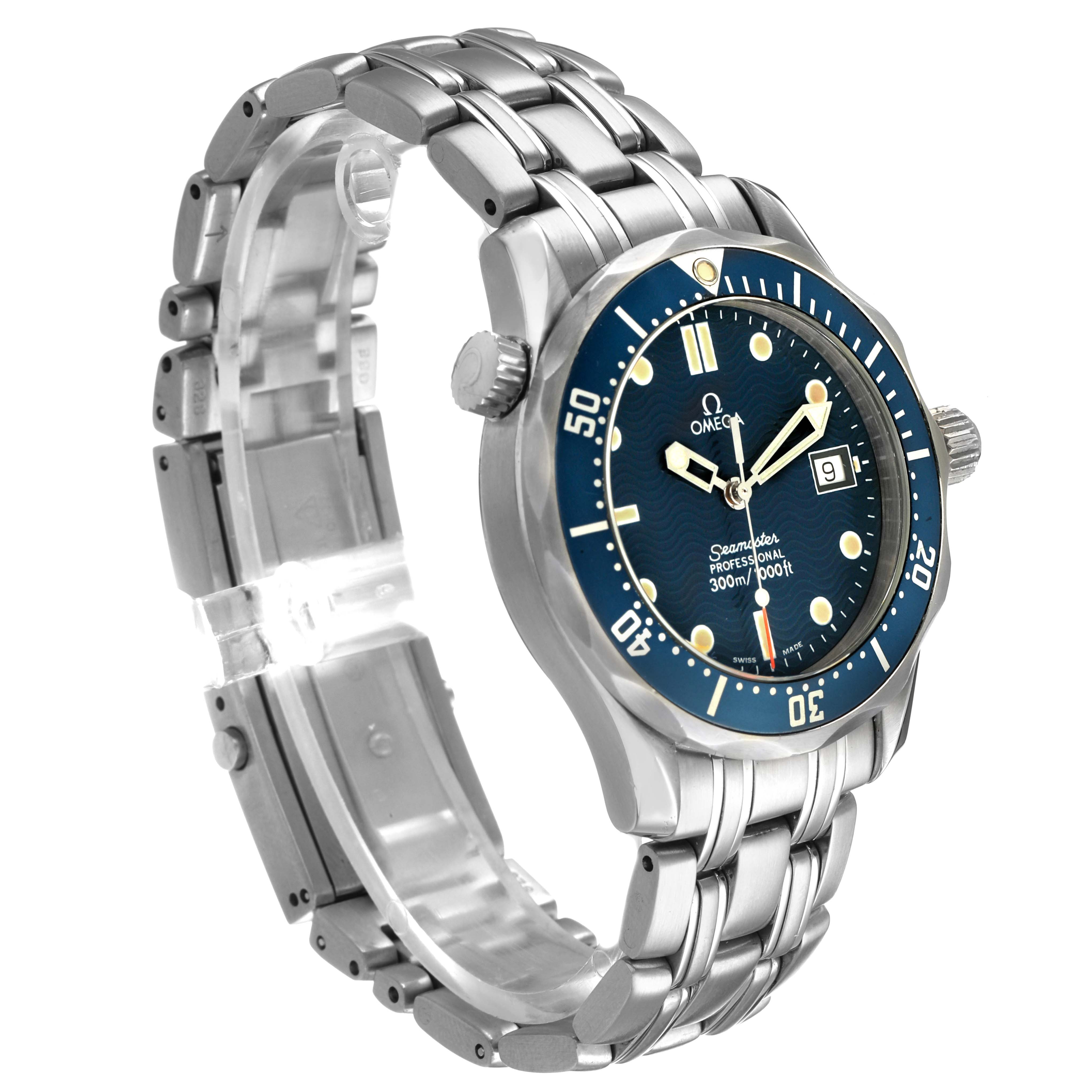 The Omega Seamaster 2561.80.00 Men's Stainless Steel Blue Dial watch is shown at a three-quarter angle, highlighting the face, bezel, and stainless steel bracelet.