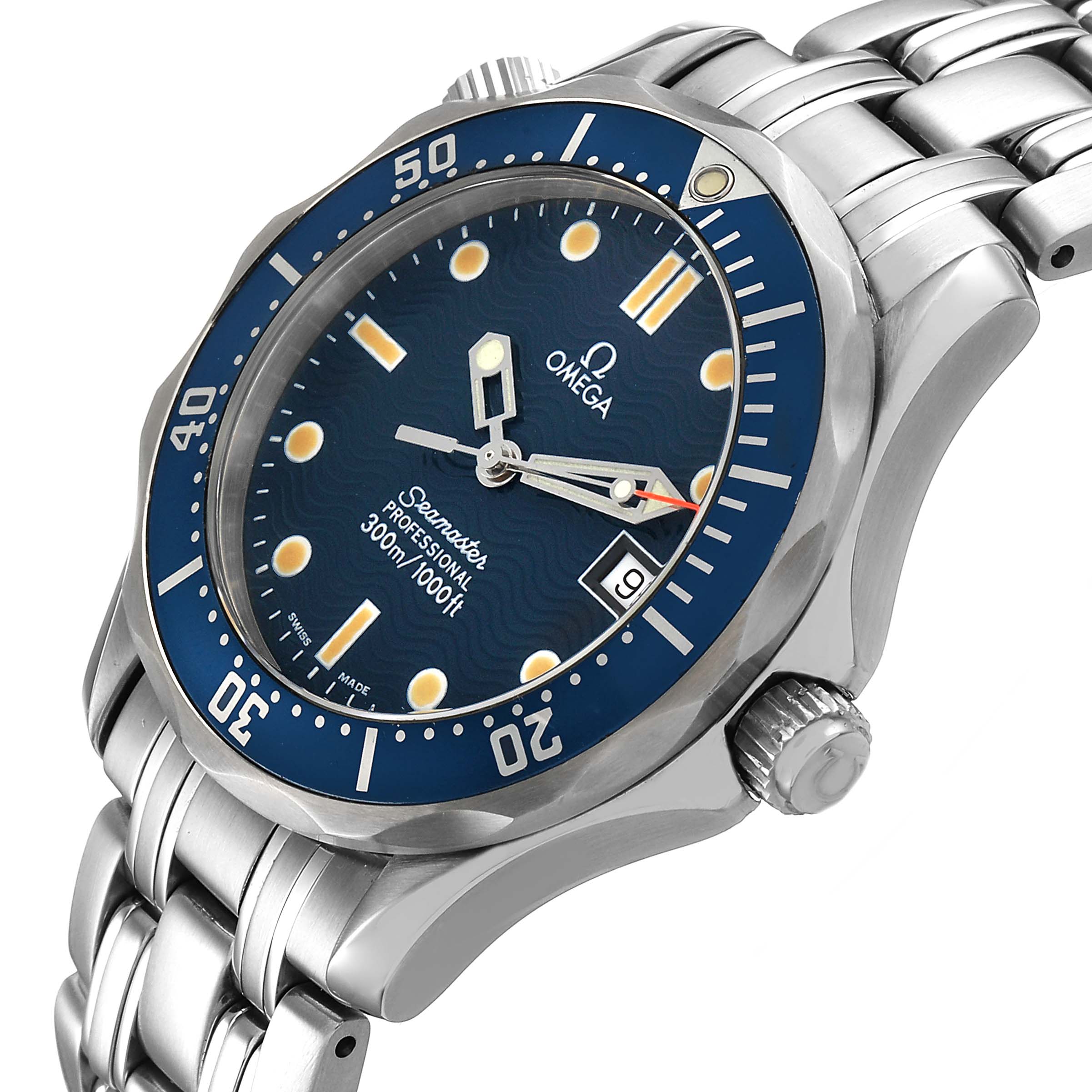 The Omega Seamaster 2561.80.00 Men's Stainless Steel Blue Dial watch is shown at an angled view, highlighting the bezel, crown, bracelet, and face details.