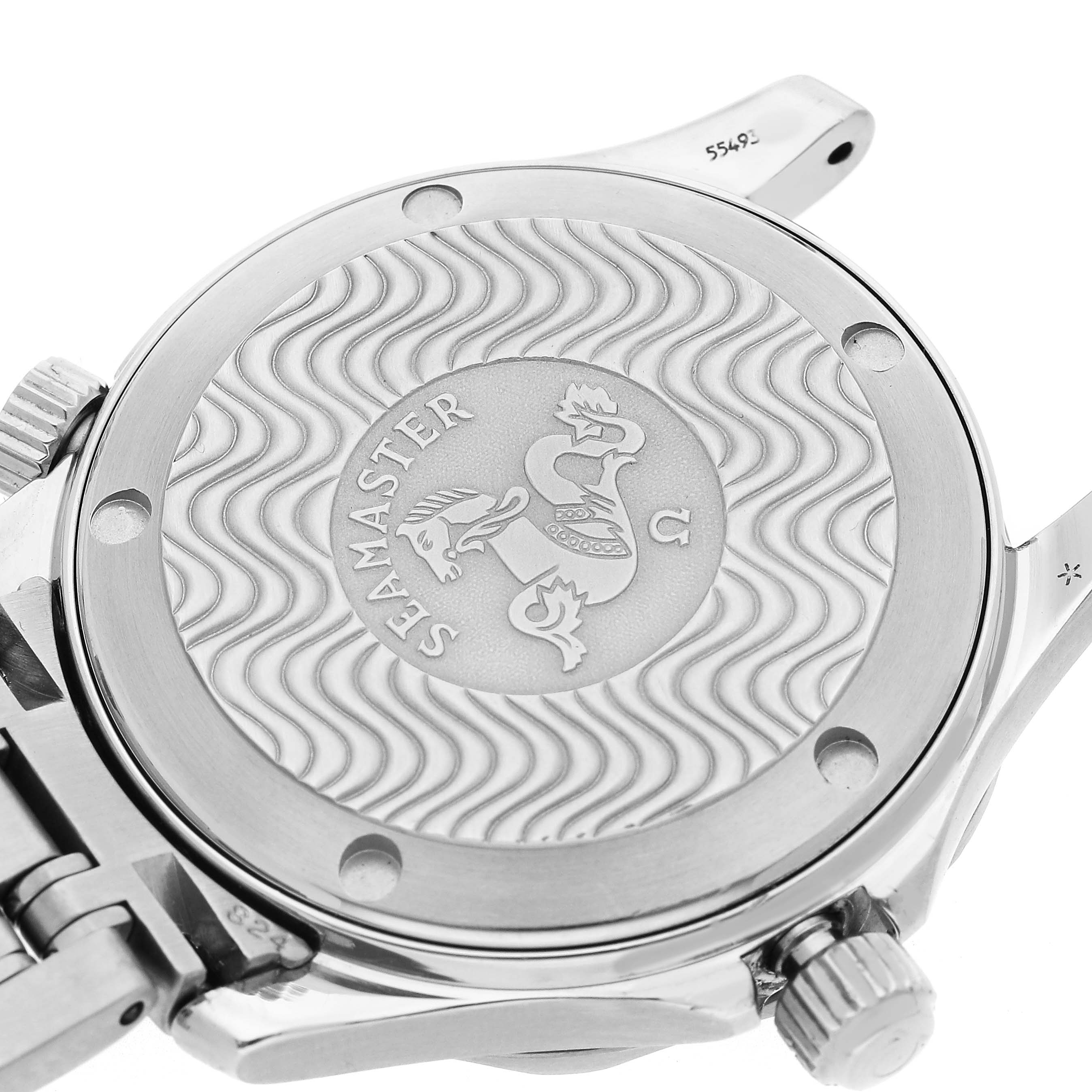 The image shows the back of an Omega Seamaster 2561.80.00 Men's Stainless Steel Blue Dial watch, highlighting its engraved case back and wave pattern detail.
