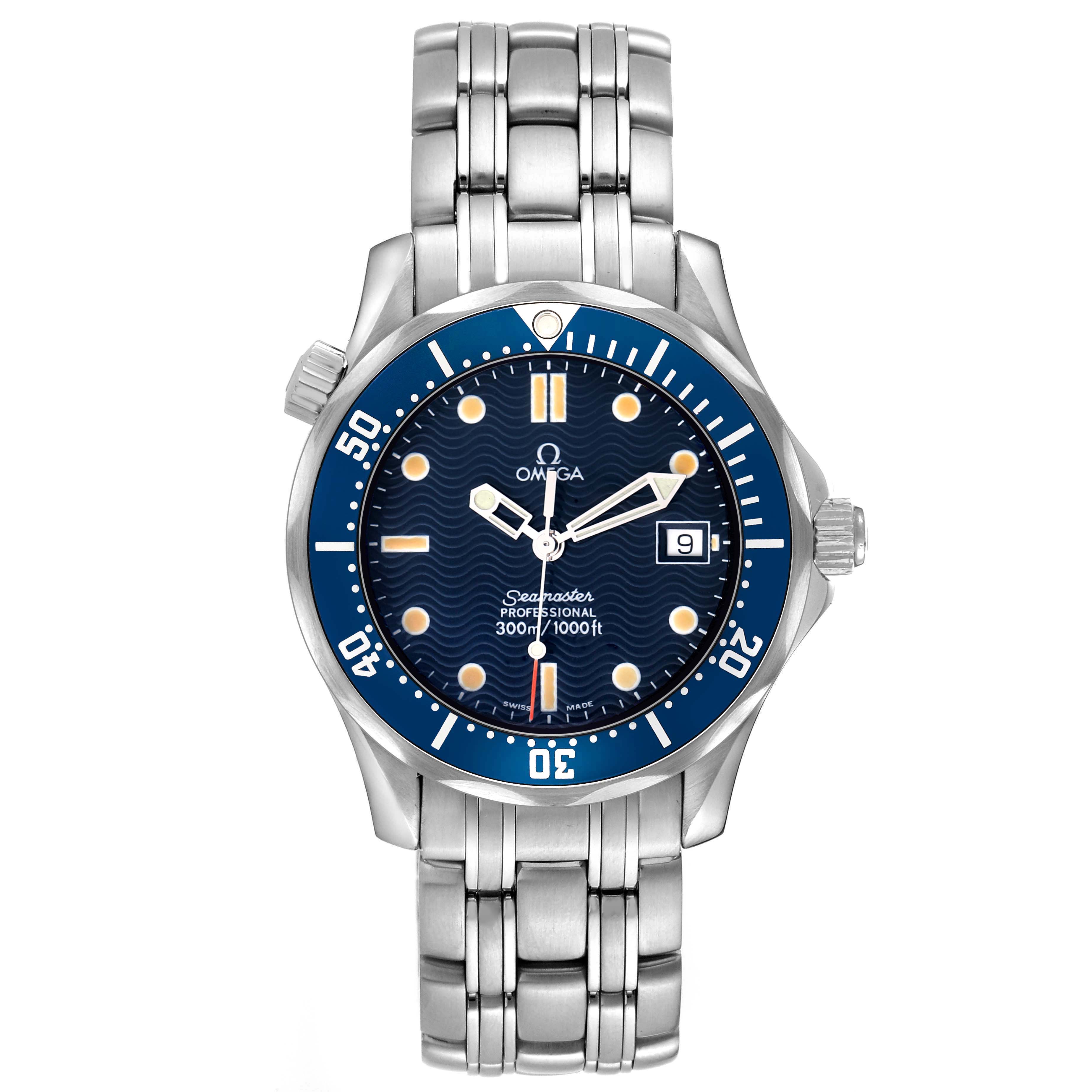 The Omega Seamaster 2561.80.00 Men's Stainless Steel Blue Dial watch is shown from the front, displaying the bezel, dial, crown, hands, hour markers, and stainless steel bracelet.
