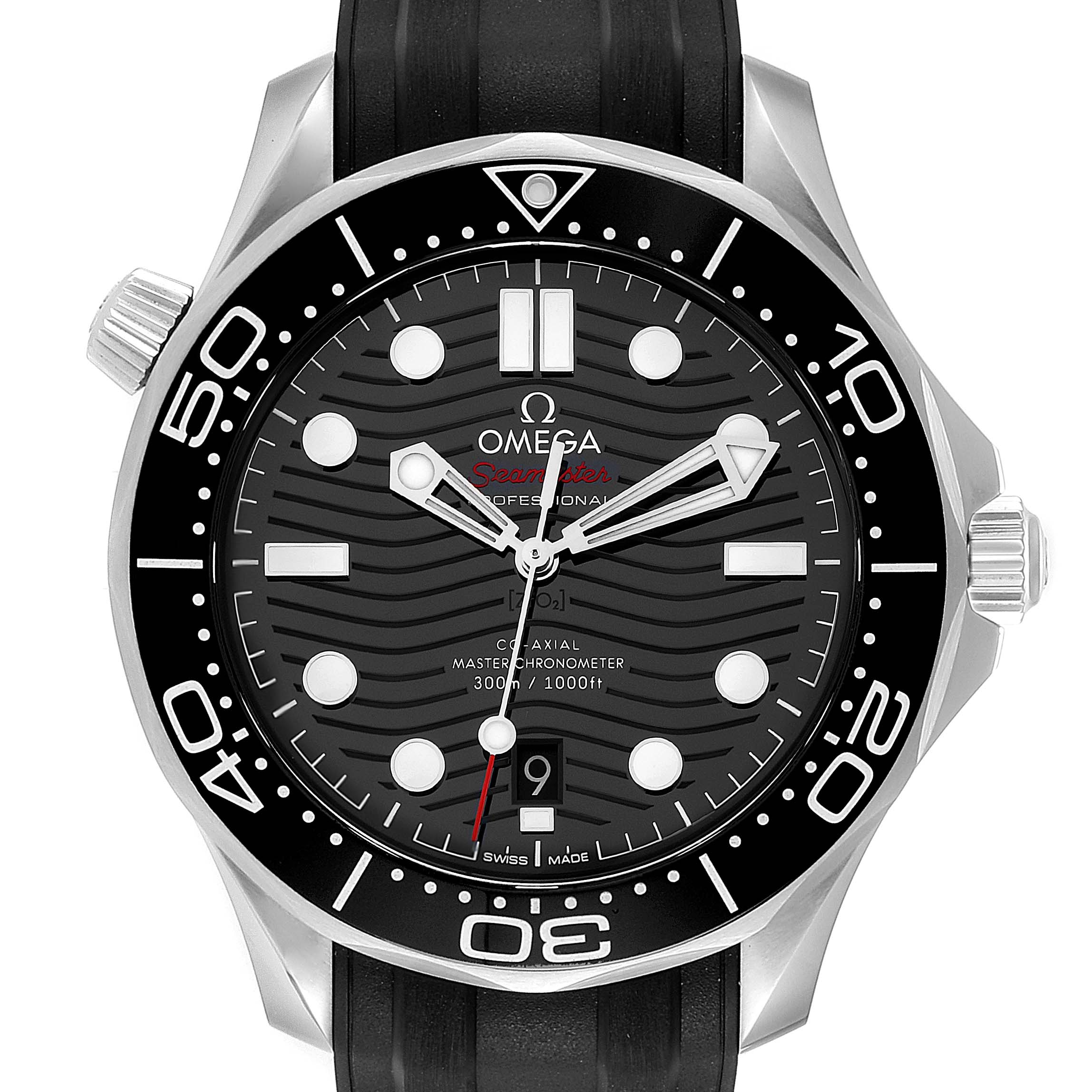 This image shows a front view of the Omega Seamaster 210.32.42.20.01.001 Men's Stainless Steel Black Dial 210.32.42.20.01.001 Men's Stainless Steel Black Dial watch, highlighting the dial, bezel, hands, and part of the strap.