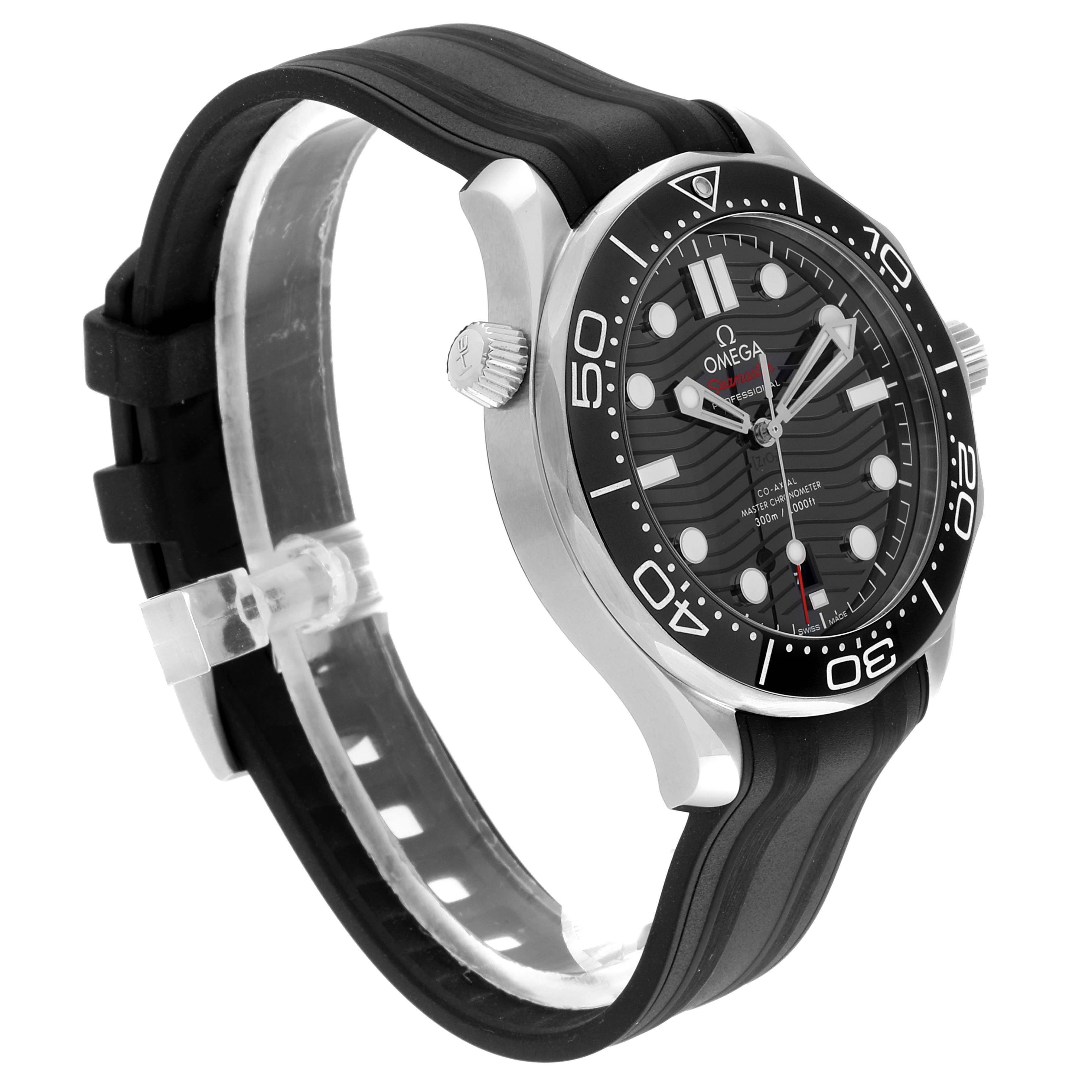 The image shows a side-angle view of the Omega Seamaster 210.32.42.20.01.001 Men's Stainless Steel Black Dial 210.32.42.20.01.001 Men's Stainless Steel Black Dial watch, highlighting the black dial, bezel, and rubber strap.