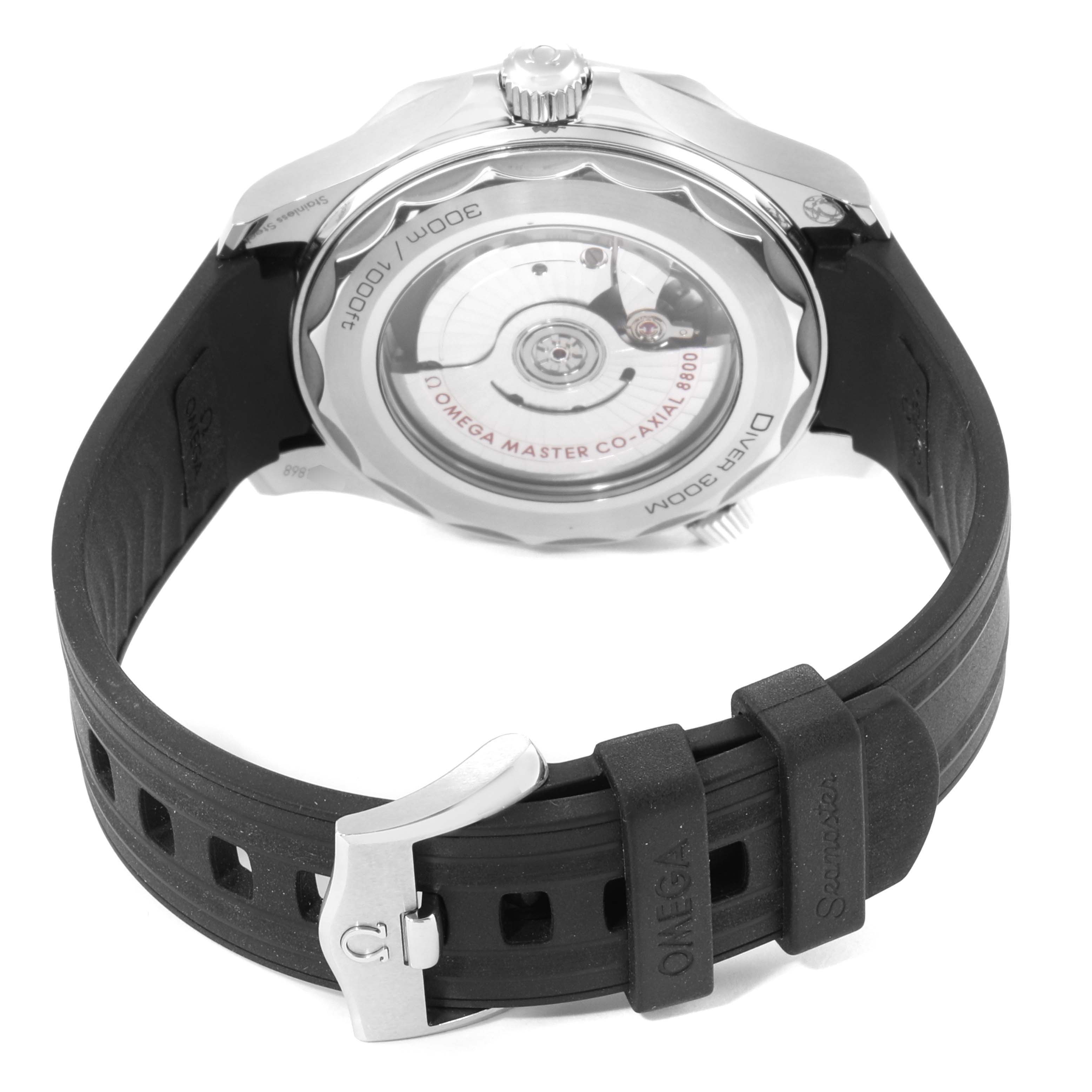 The image shows the back view of an Omega Seamaster 210.32.42.20.01.001 Men's Stainless Steel Black Dial 210.32.42.20.01.001 Men's Stainless Steel Black Dial watch, highlighting its transparent case back and black strap.