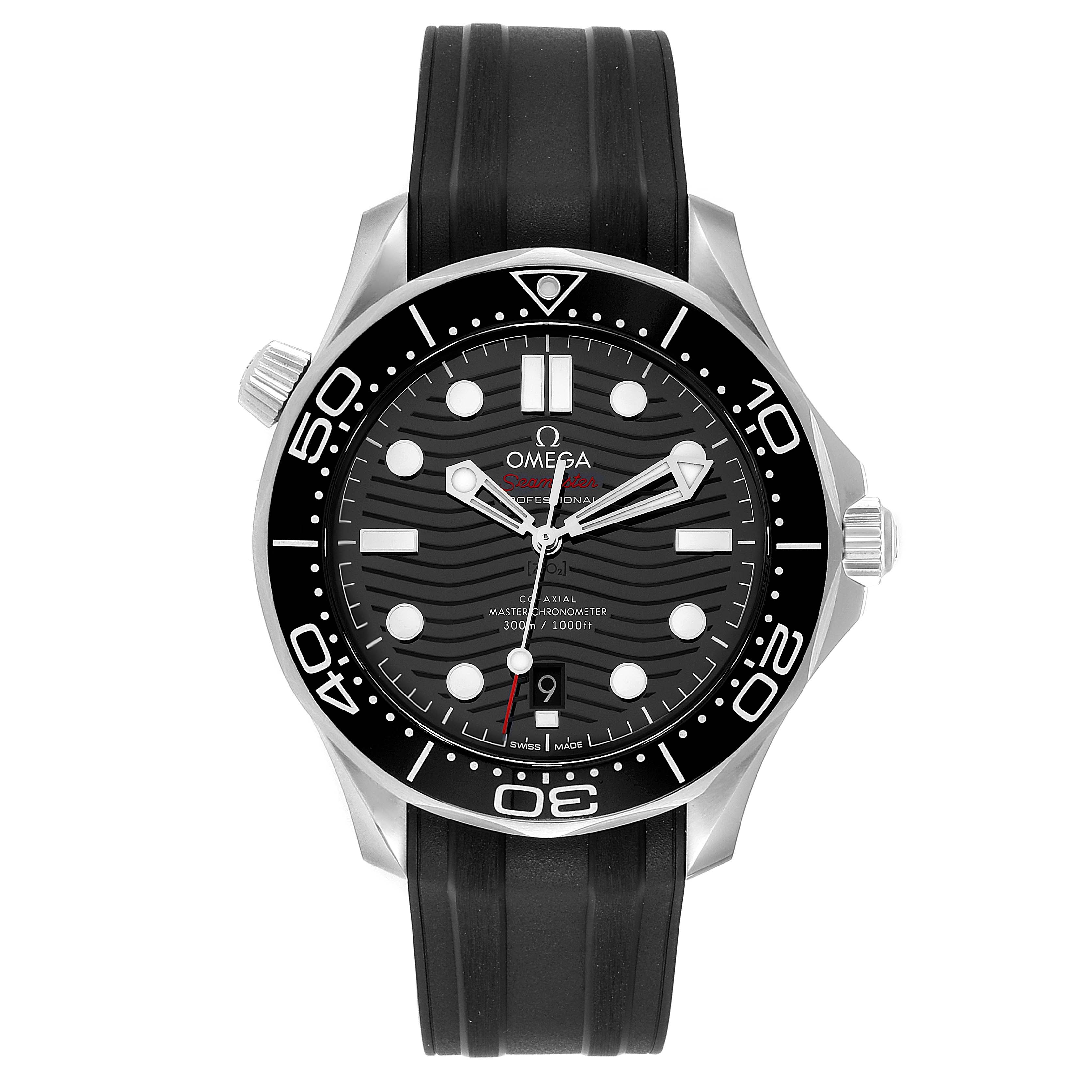 The Omega Seamaster 210.32.42.20.01.001 Men's Stainless Steel Black Dial 210.32.42.20.01.001 Men's Stainless Steel Black Dial watch is shown from a frontal angle, highlighting the dial, bezel, and black strap.