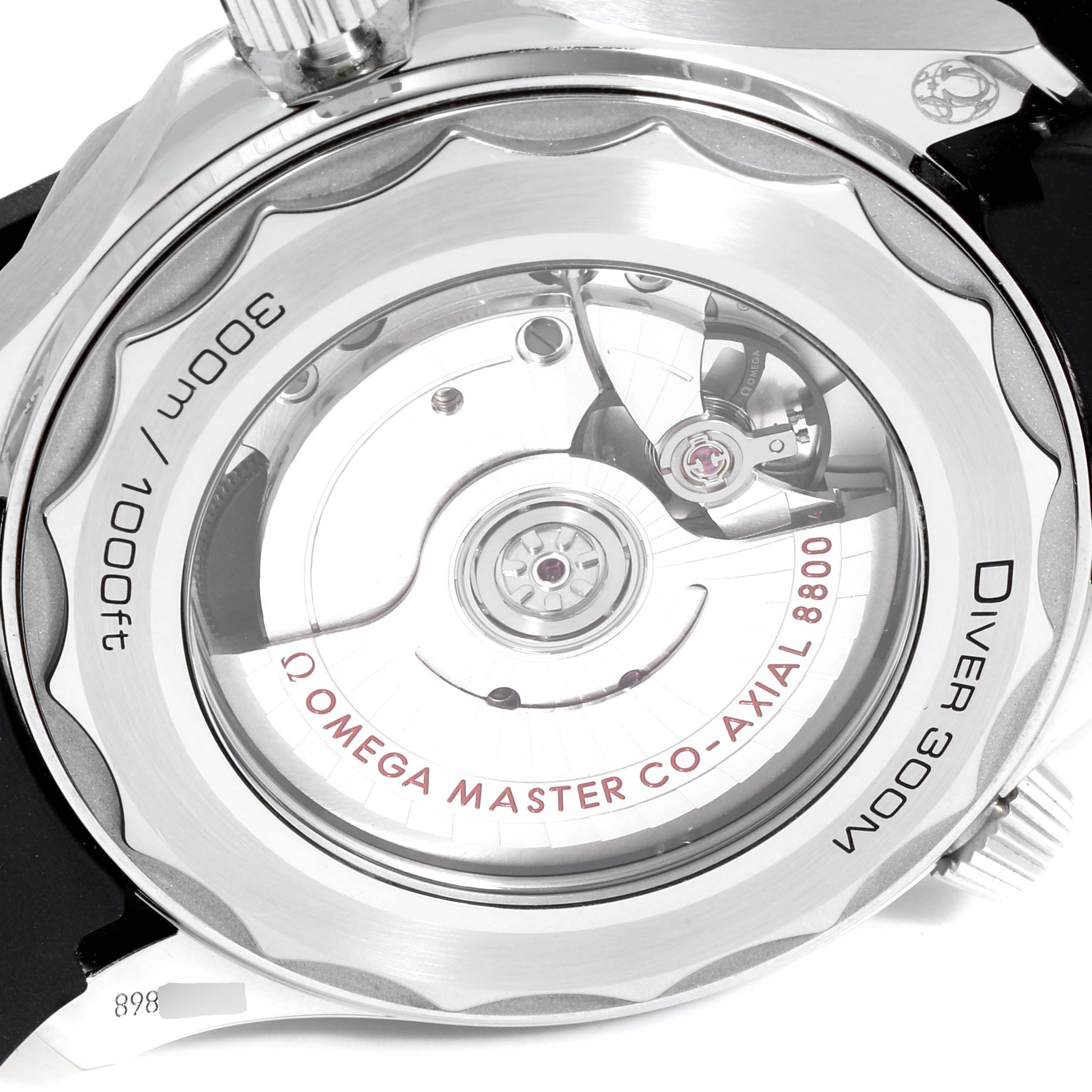 The image shows the back side of the Omega Seamaster 210.32.42.20.01.001 Men's Stainless Steel Black Dial 210.32.42.20.01.001 Men's Stainless Steel Black Dial watch, highlighting its movement and specifications.