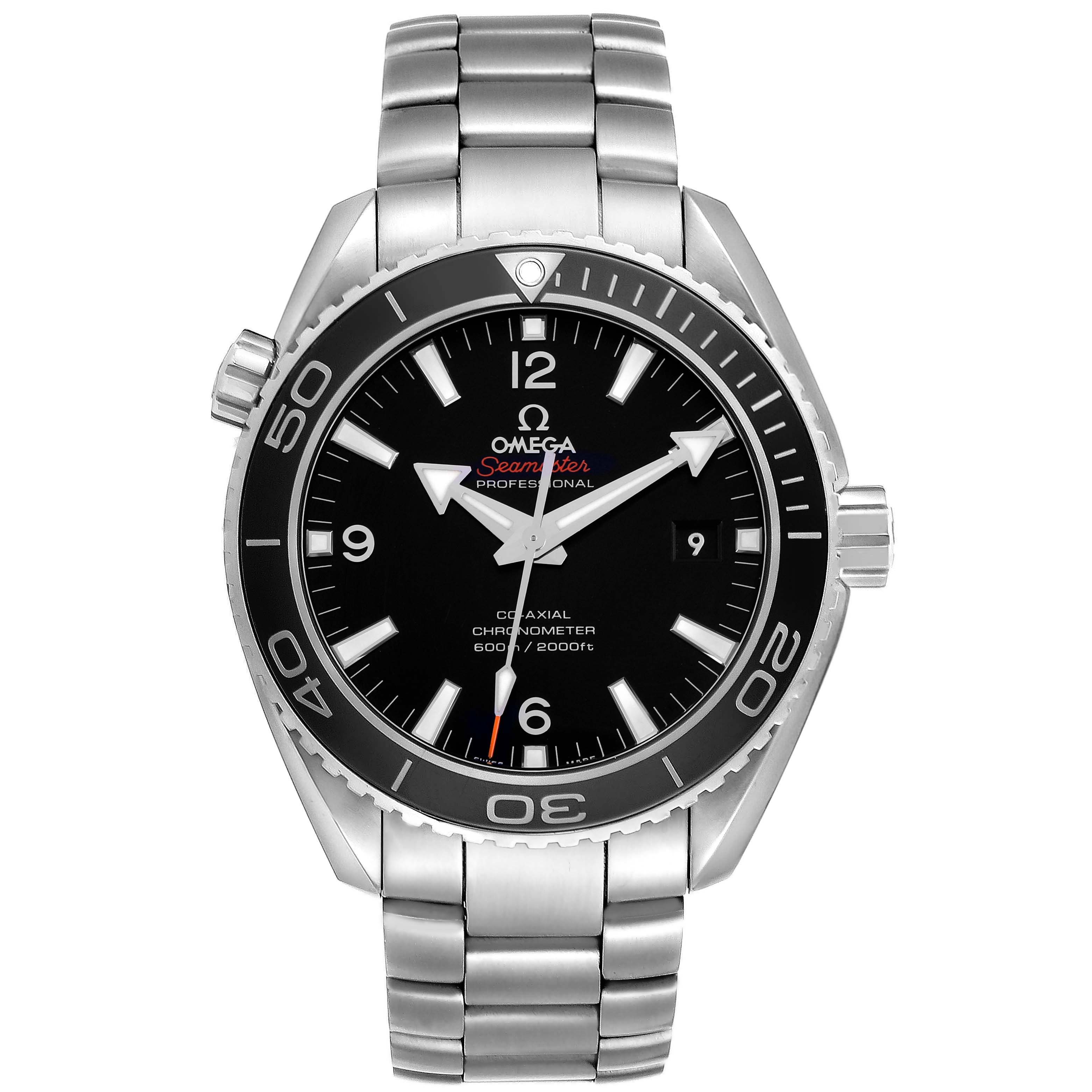 The Omega Planet Ocean 232.30.46.21.01.001 Men's Stainless Steel Black Dial watch is shown from a front angle, displaying the face, bezel, and bracelet.
