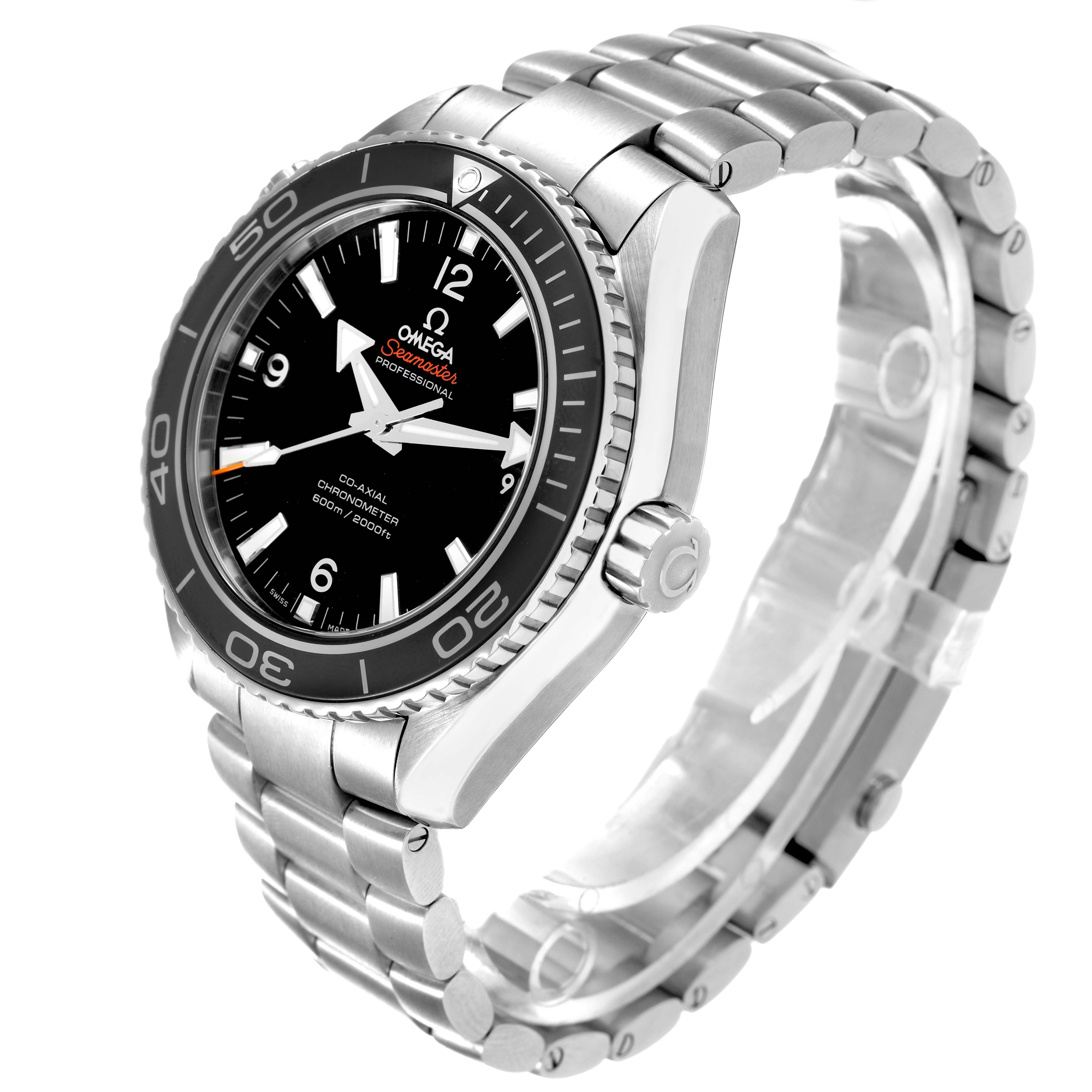 The Omega Planet Ocean 232.30.46.21.01.001 Men's Stainless Steel Black Dial watch is shown at a three-quarter angle, highlighting the face, bezel, crown, and bracelet.