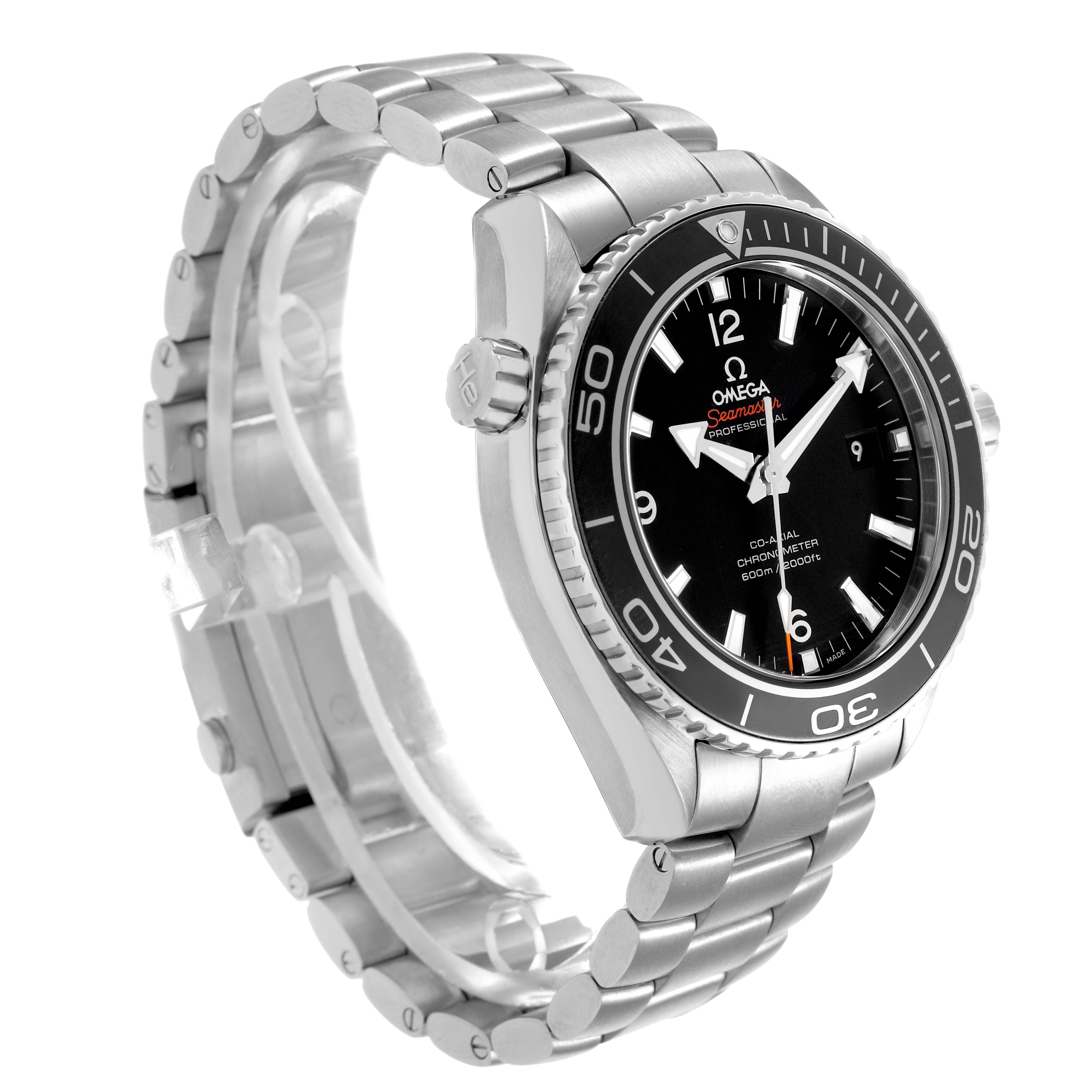 The Omega Planet Ocean 232.30.46.21.01.001 Men's Stainless Steel Black Dial watch is shown from a three-quarter angle, displaying the face, bezel, crown, and bracelet.
