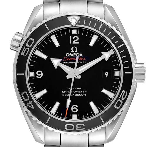 The Omega Planet Ocean 232.30.46.21.01.001 Men's Stainless Steel Black Dial watch is shown from the front, displaying the face, bezel, crown, and part of the bracelet.