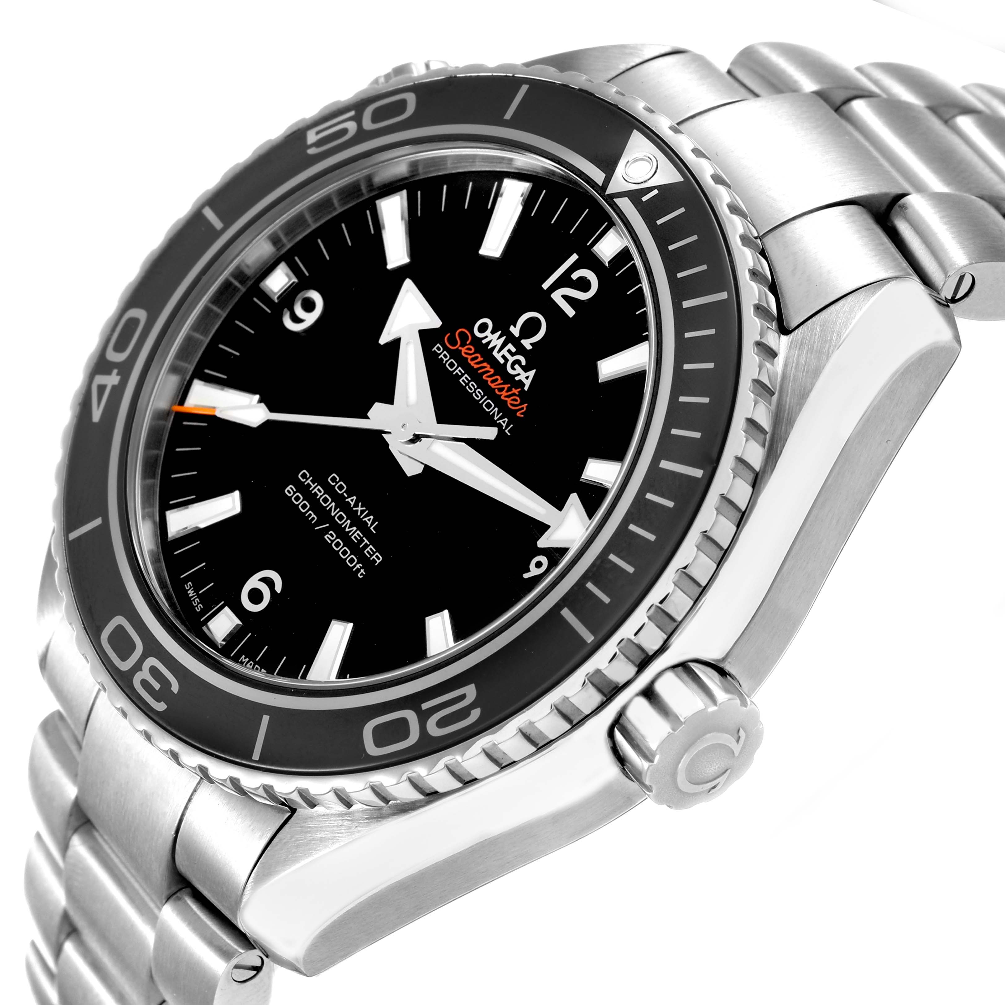The Omega Planet Ocean 232.30.46.21.01.001 Men's Stainless Steel Black Dial watch is shown at an angle highlighting the bezel, crown, and part of the bracelet.