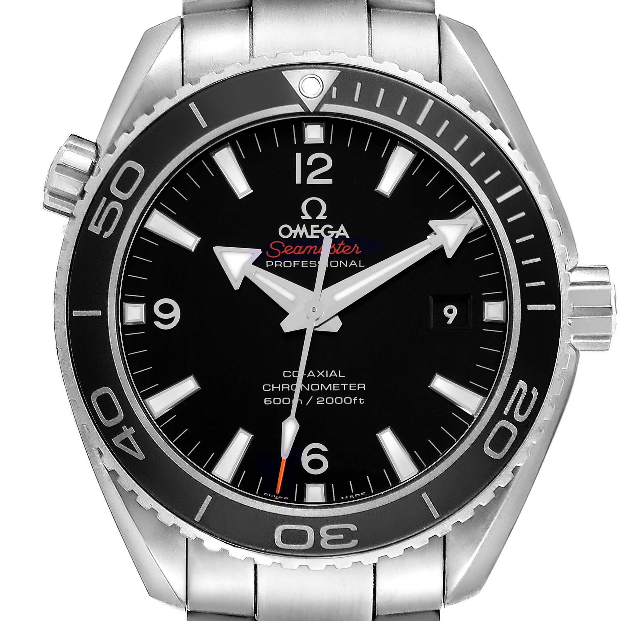 The Omega Planet Ocean 232.30.46.21.01.001 Men's Stainless Steel Black Dial watch is shown from a front angle, highlighting the dial, bezel, and crown.