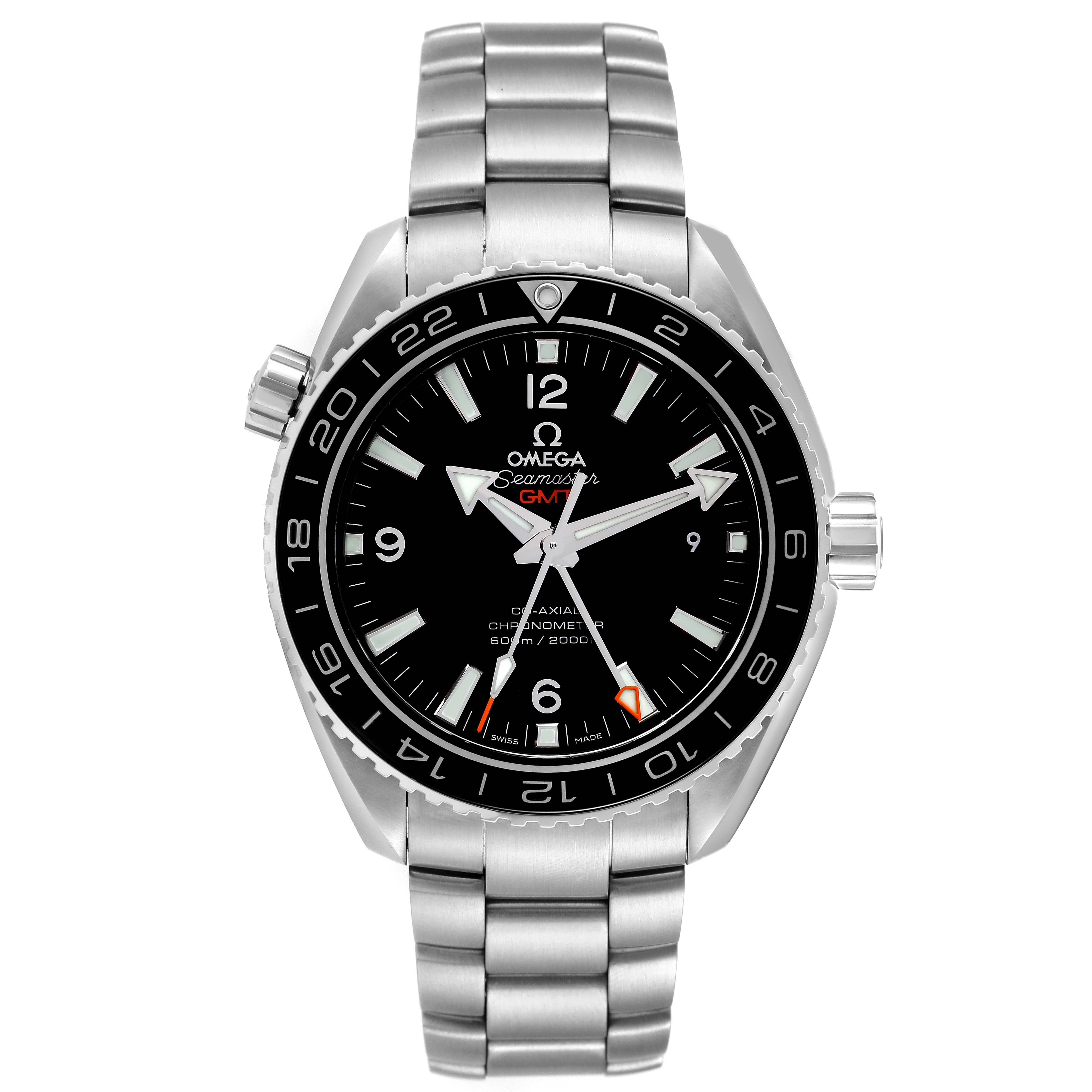 The image shows a front view of the Omega Planet Ocean 232.30.44.22.01.001 Men
s Stainless Steel Black Dial 232.30.44.22.01.001 Men
s Stainless Steel Black Dial watch, displaying its face, bezel, and metal bracelet.