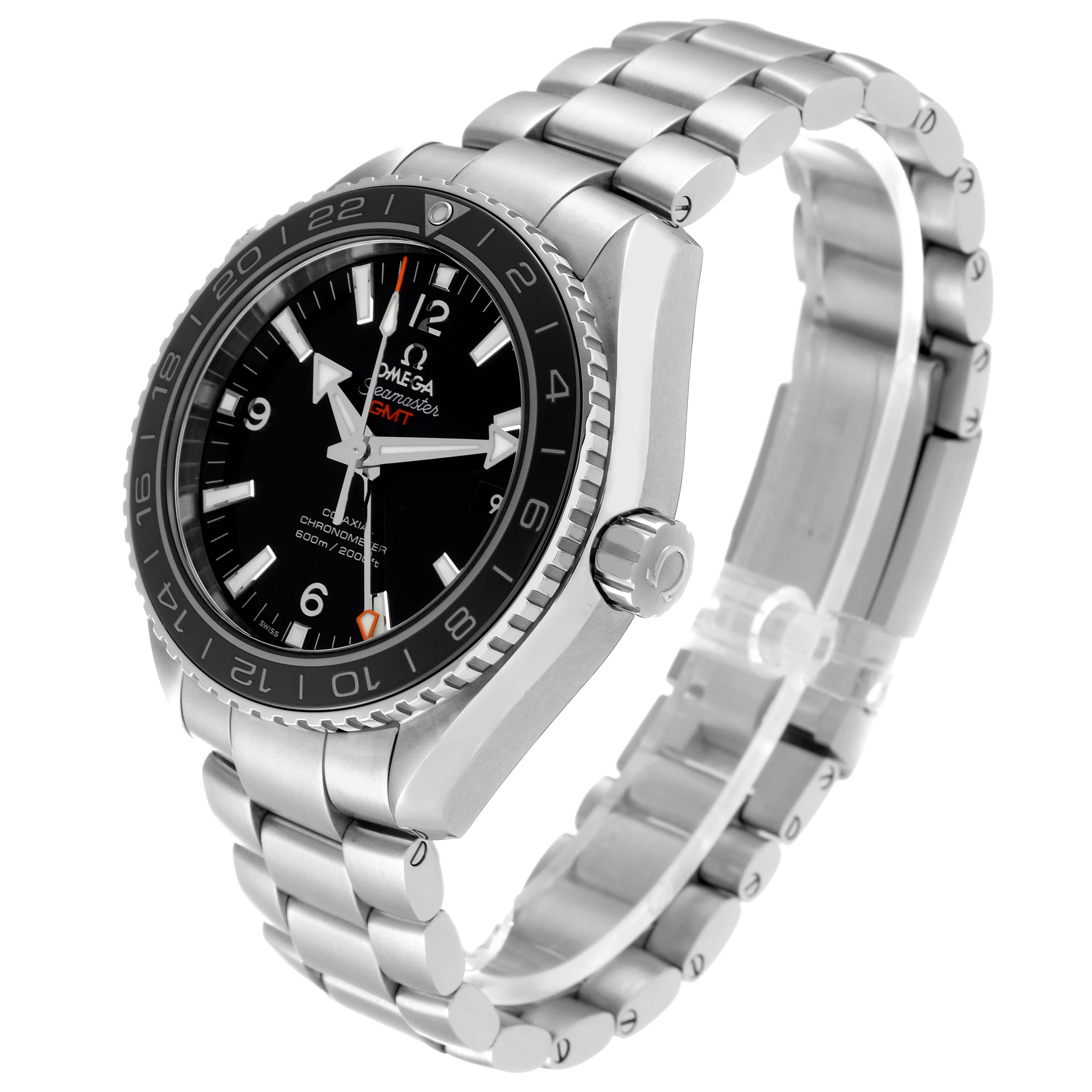 The image shows an angled view of the Omega Planet Ocean 232.30.44.22.01.001 Men
s Stainless Steel Black Dial 232.30.44.22.01.001 Men
s Stainless Steel Black Dial watch, highlighting the dial, bezel, crown, and metal bracelet.