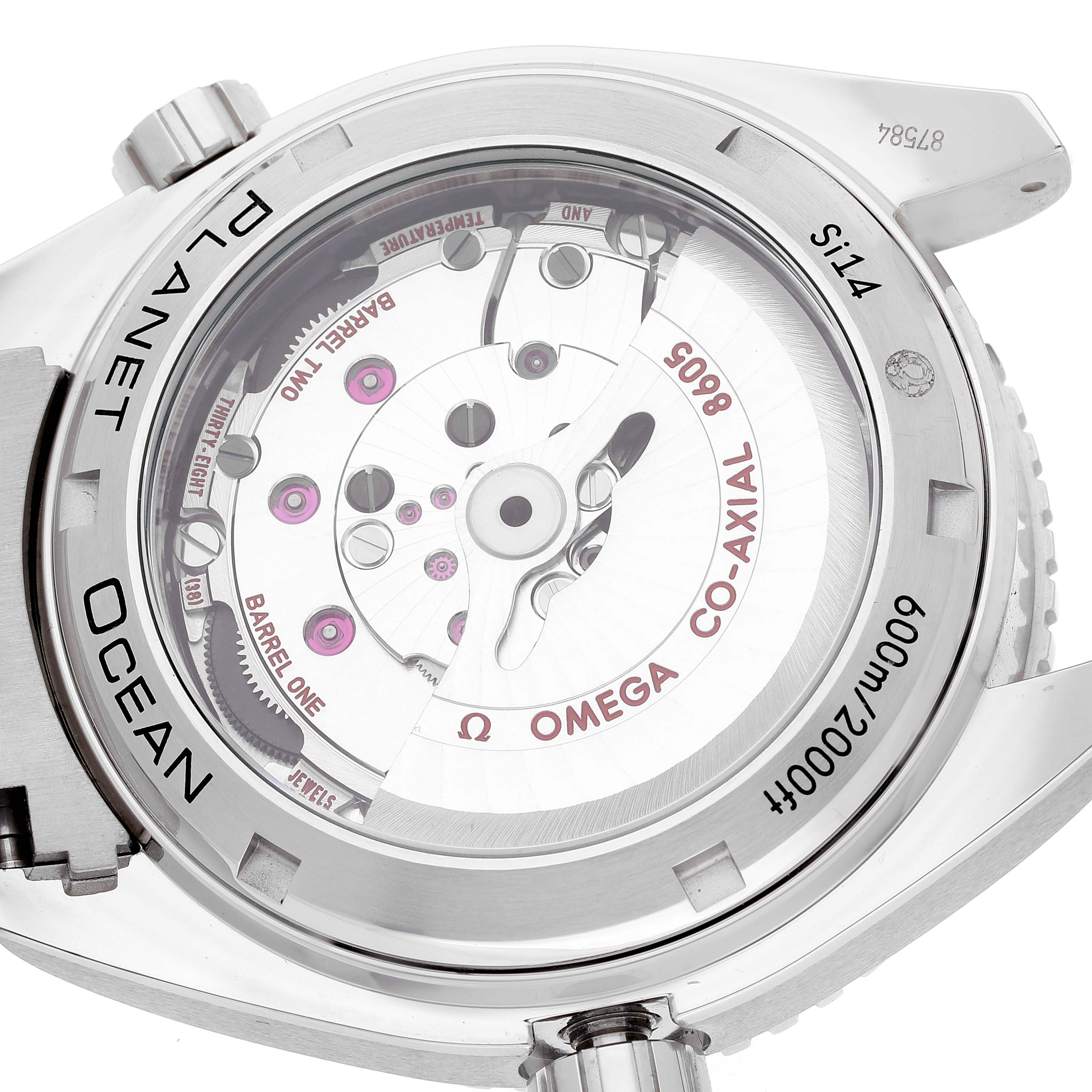 The image shows the back casing and internal mechanics of an Omega Planet Ocean 232.30.44.22.01.001 Men
s Stainless Steel Black Dial 232.30.44.22.01.001 Men
s Stainless Steel Black Dial watch at an angled view.