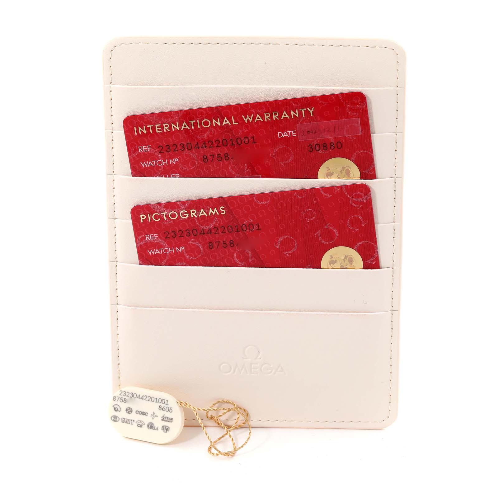 The image shows the warranty cards and tag for an Omega Planet Ocean 232.30.44.22.01.001 Men
s Stainless Steel Black Dial 232.30.44.22.01.001 Men
s Stainless Steel Black Dial model placed in a white cardholder.