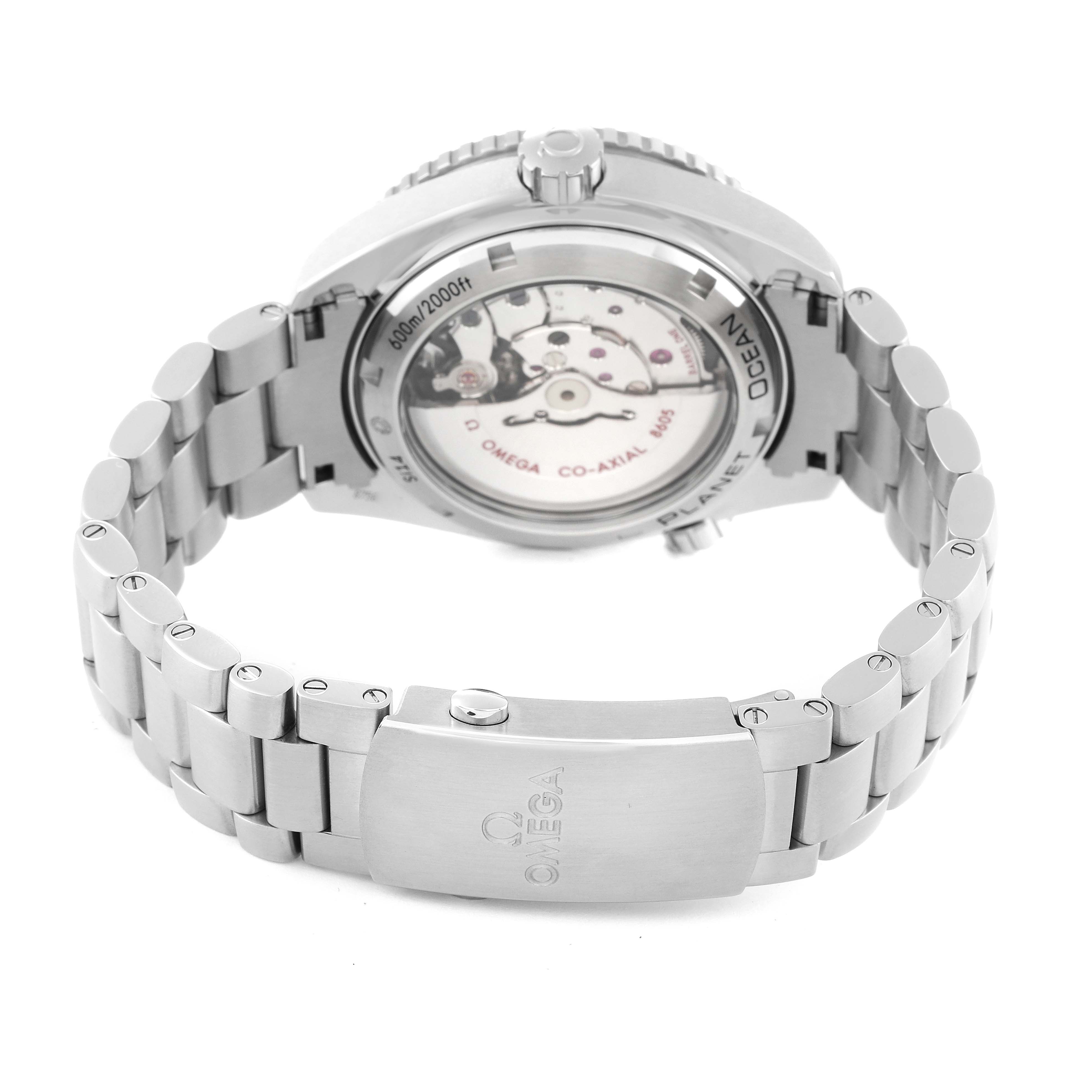 The image shows the back and bracelet of an Omega Planet Ocean 232.30.44.22.01.001 Men
s Stainless Steel Black Dial 232.30.44.22.01.001 Men
s Stainless Steel Black Dial watch at an angled rear view, highlighting the transparent case back and clasp.