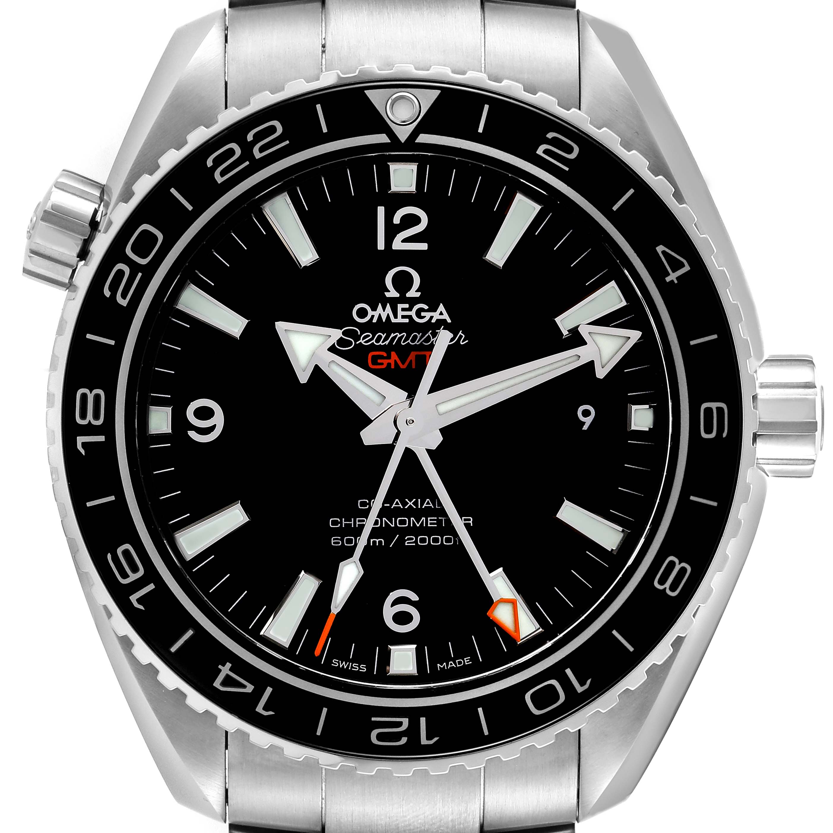This image shows a front view of the Omega Planet Ocean 232.30.44.22.01.001 Men
s Stainless Steel Black Dial 232.30.44.22.01.001 Men
s Stainless Steel Black Dial GMT watch, highlighting its dial, bezel, and bracelet.