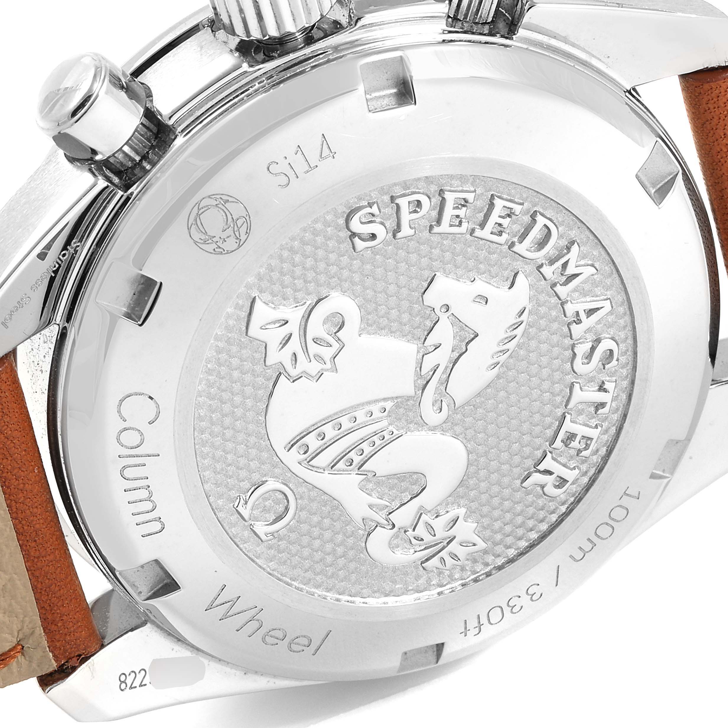 The image shows the back case of an Omega Speedmaster 324.32.38.50.02.001 Men's Stainless Steel Silver Dial 324.32.38.50.02.001 Men's Stainless Steel Silver Dial watch at an angled close-up, highlighting the engraved details.