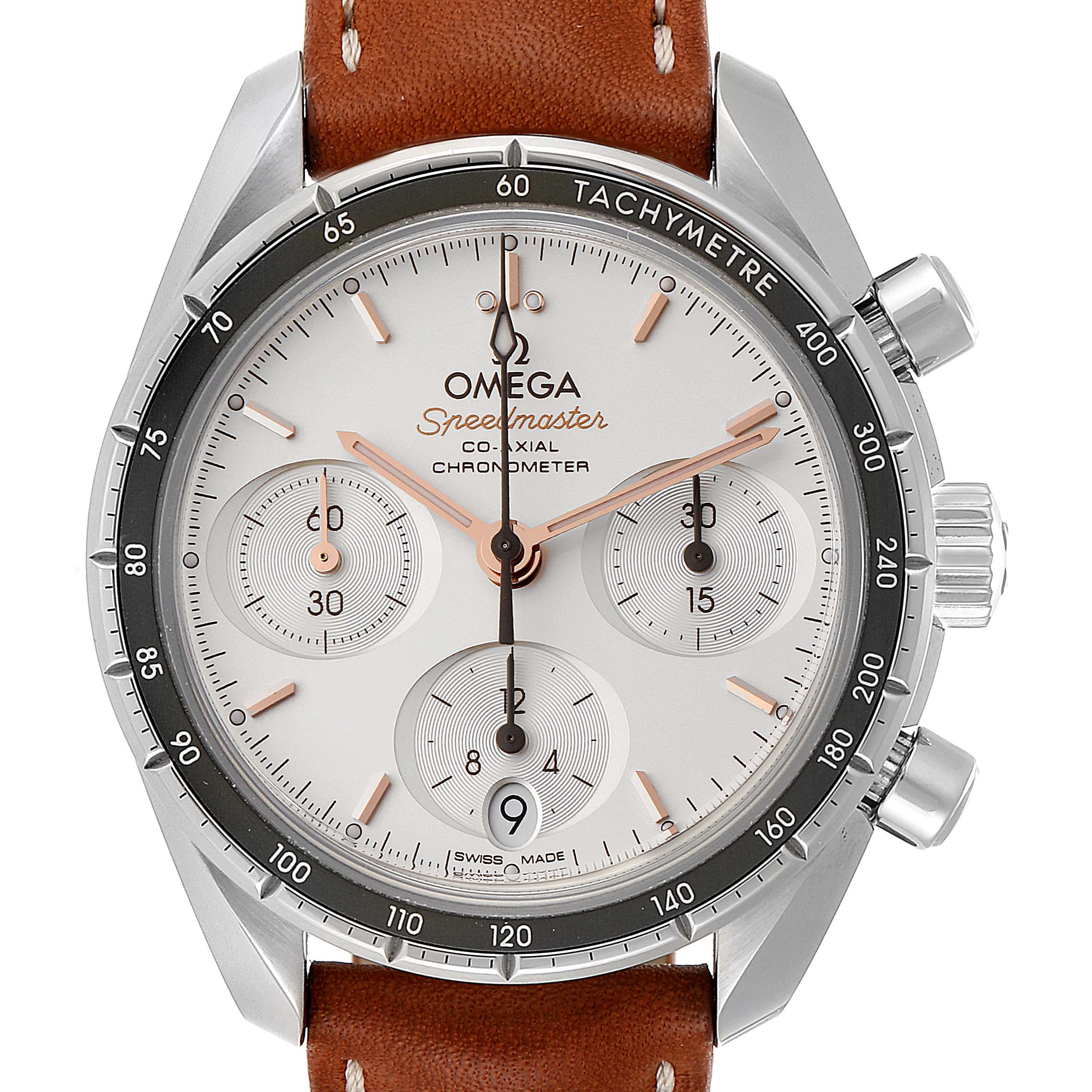The image shows a front view of an Omega Speedmaster 324.32.38.50.02.001 Men's Stainless Steel Silver Dial 324.32.38.50.02.001 Men's Stainless Steel Silver Dial watch, showcasing the dial, tachymetre bezel, and brown leather strap.