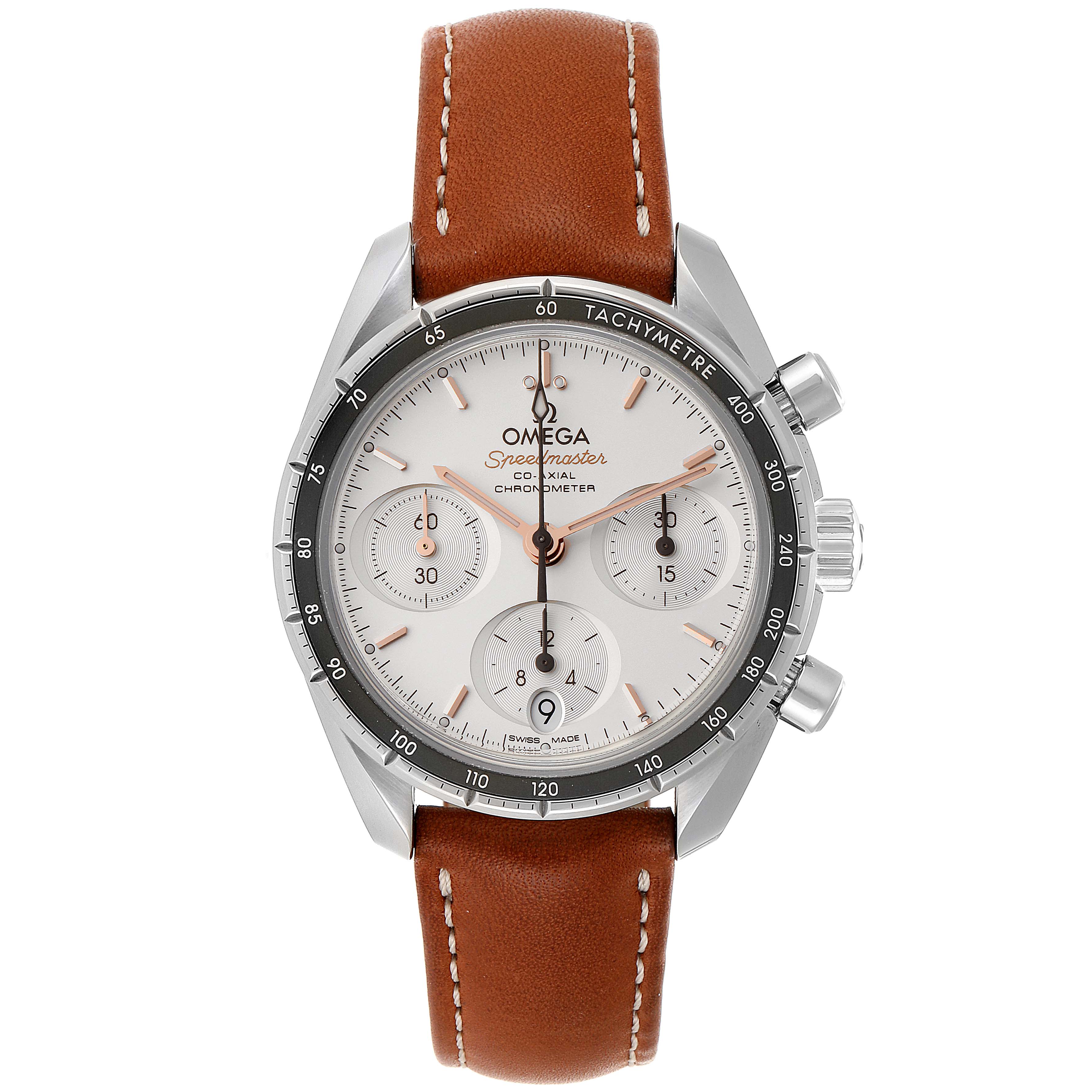 This image shows a front view of the Omega Speedmaster 324.32.38.50.02.001 Men's Stainless Steel Silver Dial 324.32.38.50.02.001 Men's Stainless Steel Silver Dial watch with a brown leather strap and tachymeter bezel.