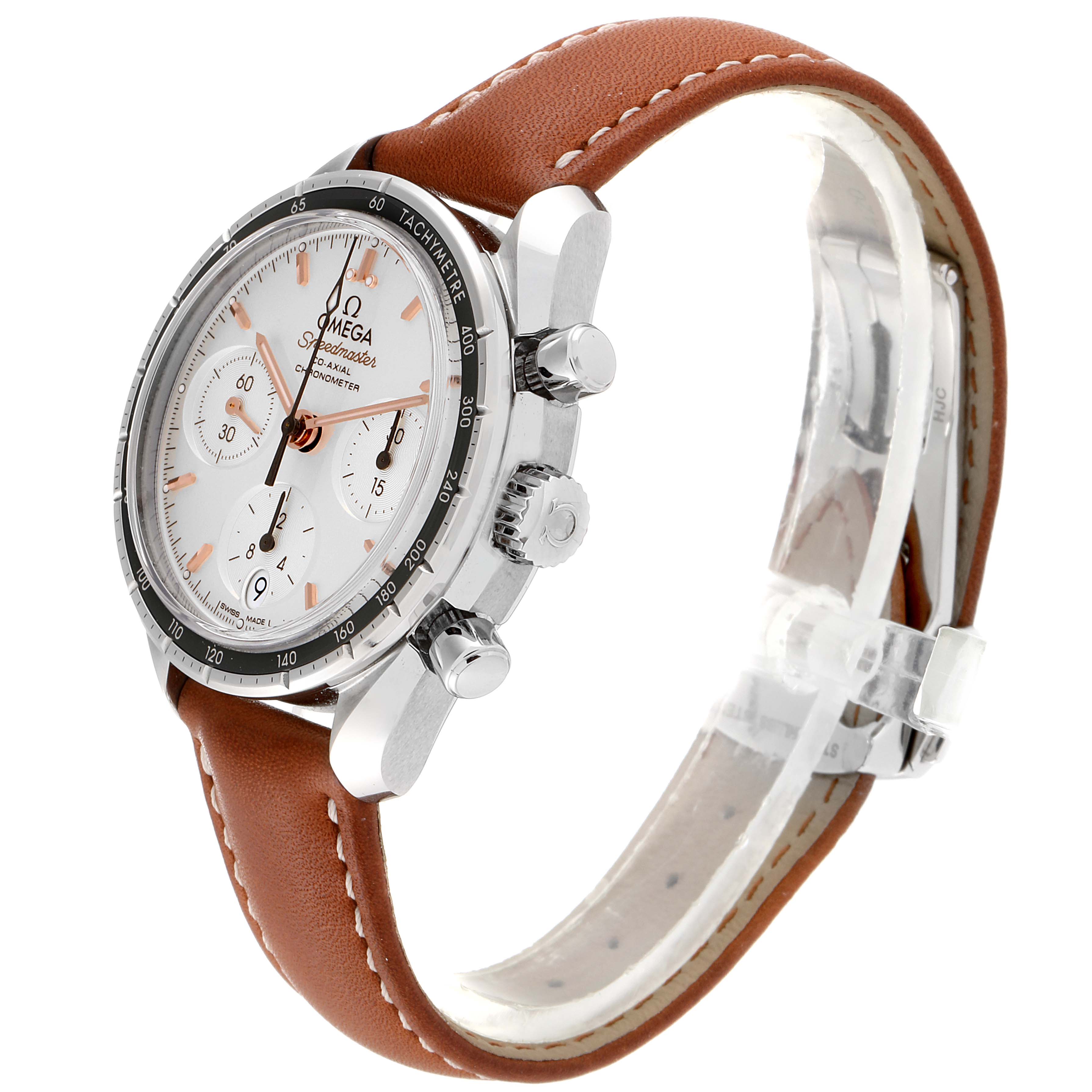 The Omega Speedmaster 324.32.38.50.02.001 Men's Stainless Steel Silver Dial 324.32.38.50.02.001 Men's Stainless Steel Silver Dial watch is shown at a three-quarter angle, highlighting its leather strap, bezel, and chronograph buttons.