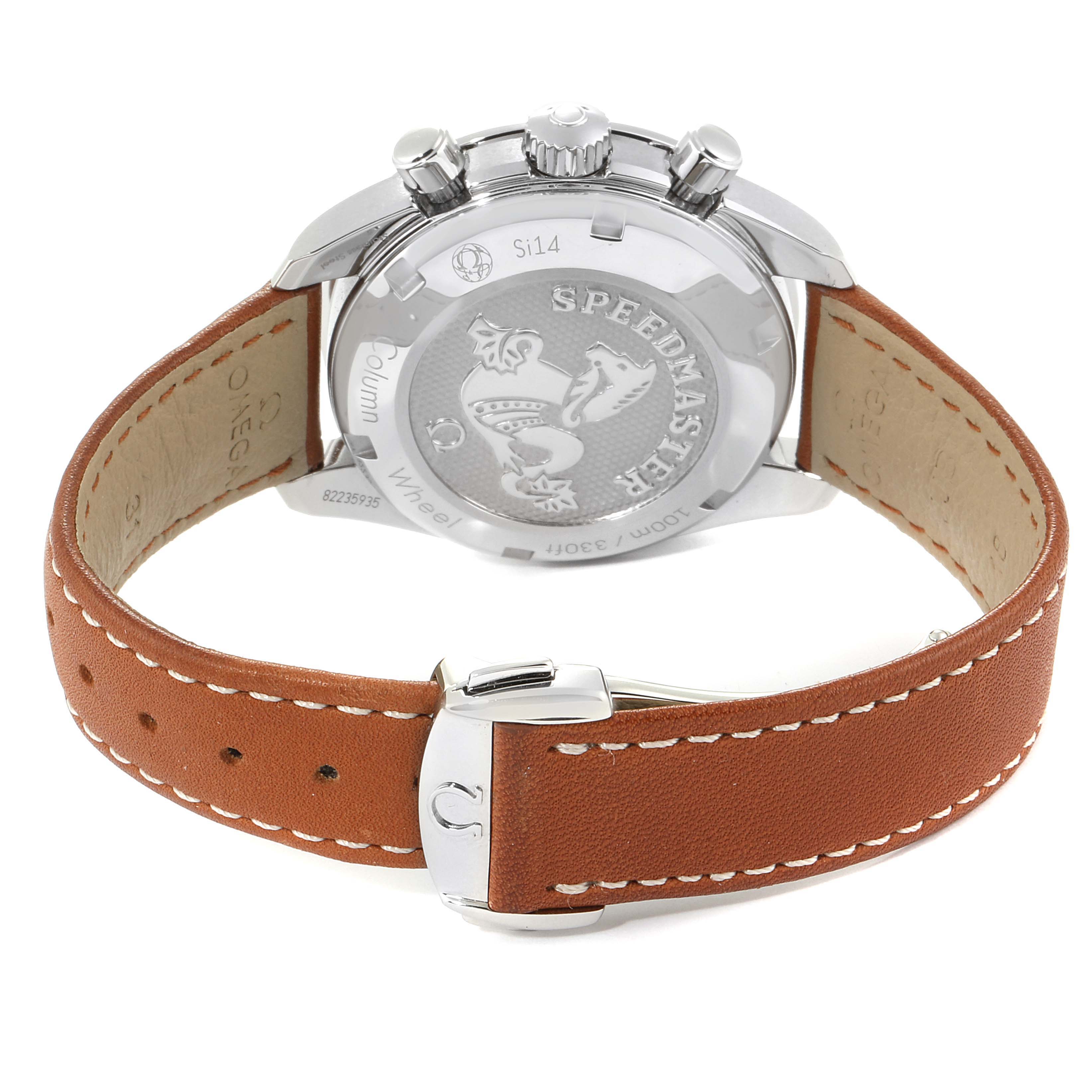 This image shows the back view of an Omega Speedmaster 324.32.38.50.02.001 Men's Stainless Steel Silver Dial 324.32.38.50.02.001 Men's Stainless Steel Silver Dial watch, highlighting the case back and the brown leather strap.