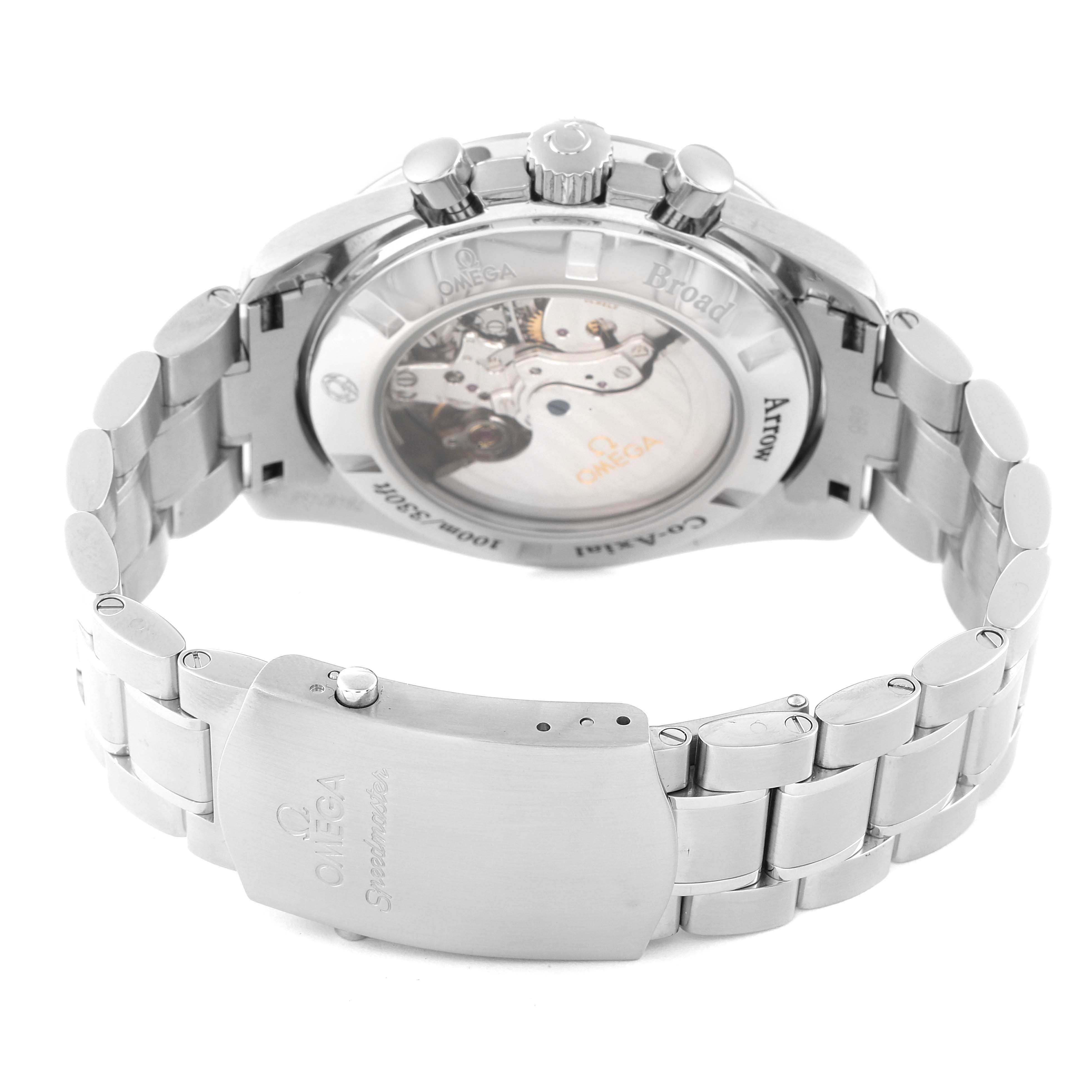 The image shows the back of an Omega Speedmaster 321.10.44.50.01.001 Men's Stainless Steel Black Dial 321.10.44.50.01.001 Men's Stainless Steel Black Dial watch, highlighting the clasp and transparent case back.