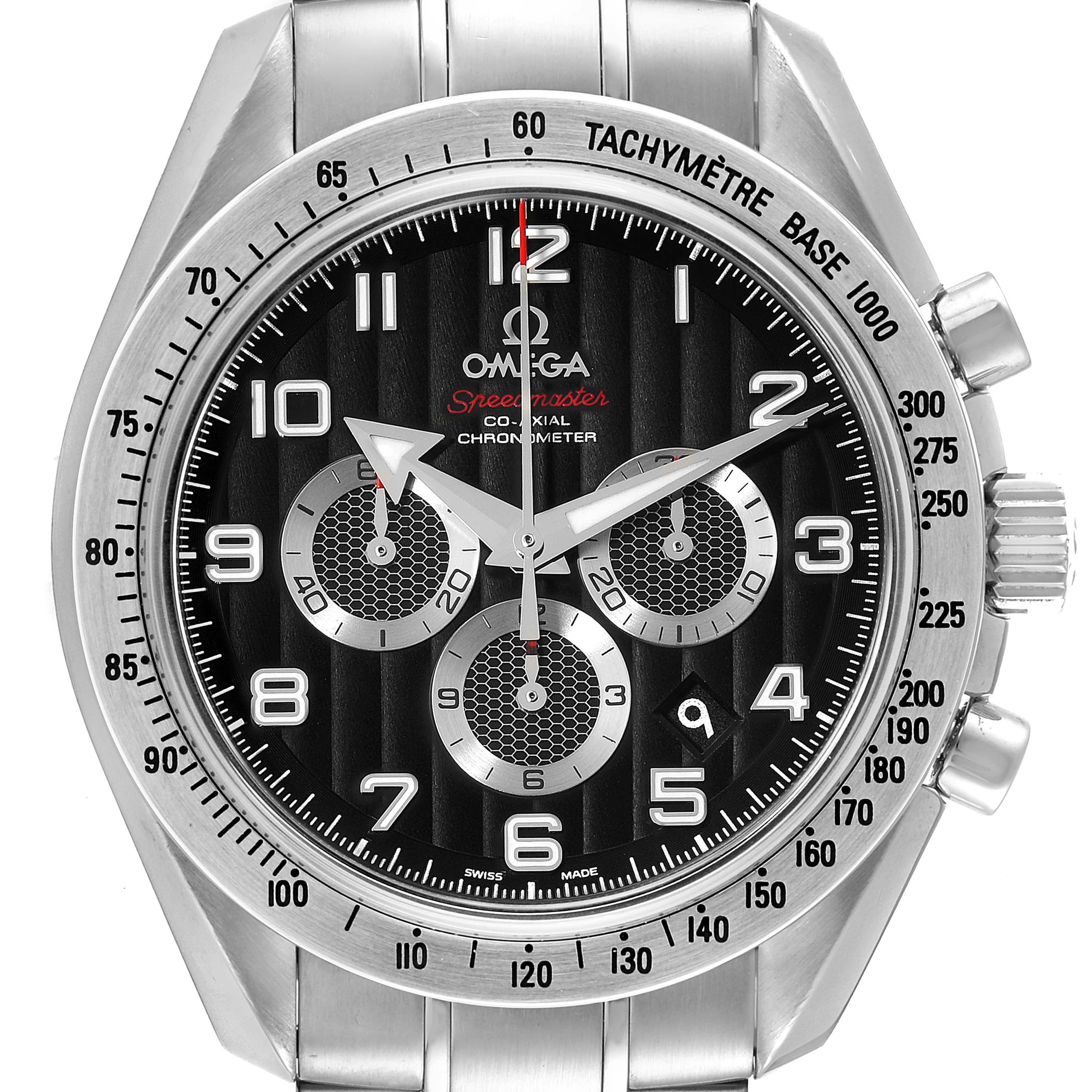 This image shows a front view of the Omega Speedmaster 321.10.44.50.01.001 Men's Stainless Steel Black Dial 321.10.44.50.01.001 Men's Stainless Steel Black Dial watch, highlighting its black dial, tachymeter scale, and stainless steel case and bracelet.