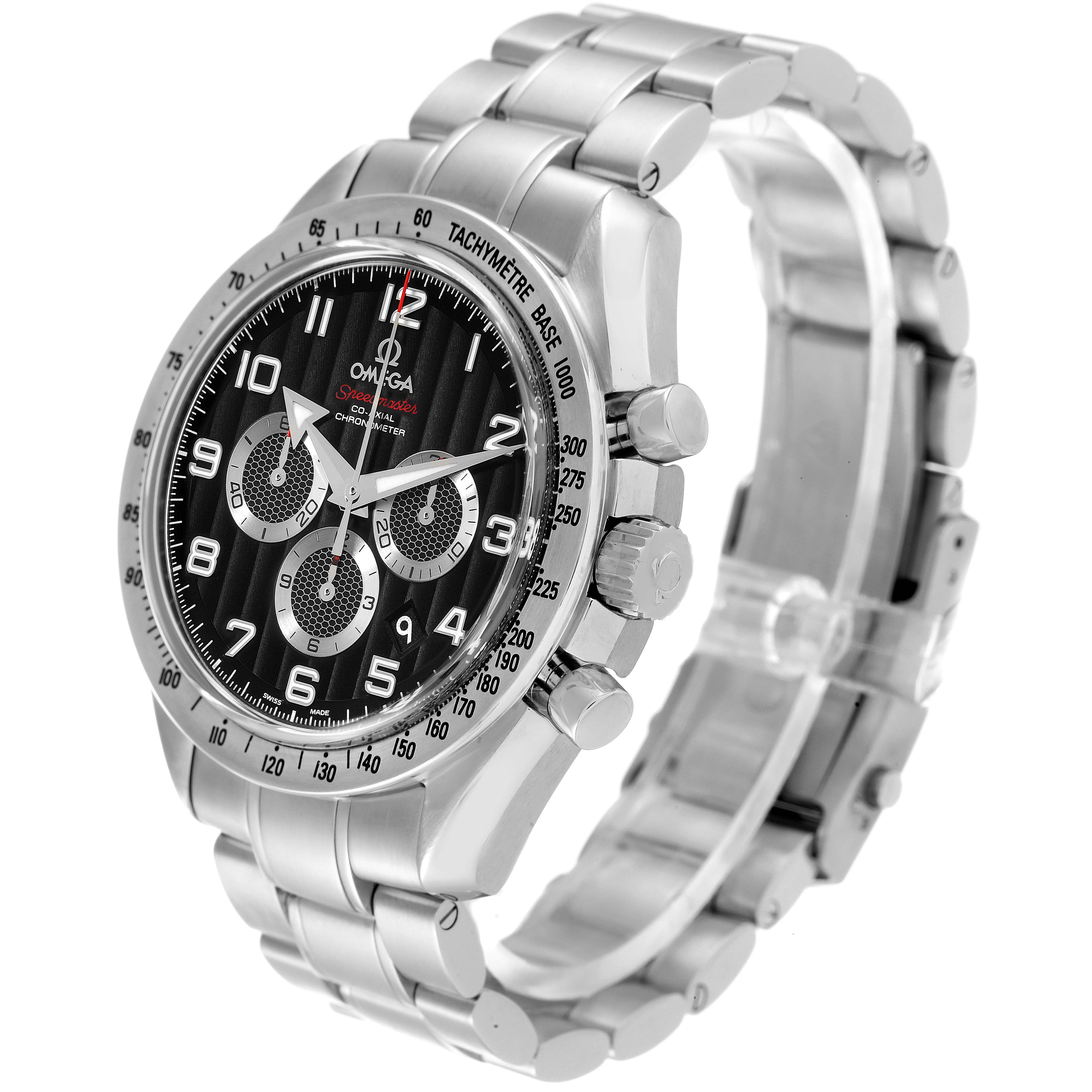 The image shows a side-angle view of an Omega Speedmaster 321.10.44.50.01.001 Men's Stainless Steel Black Dial 321.10.44.50.01.001 Men's Stainless Steel Black Dial watch, featuring its dial, bezel, case, and bracelet.