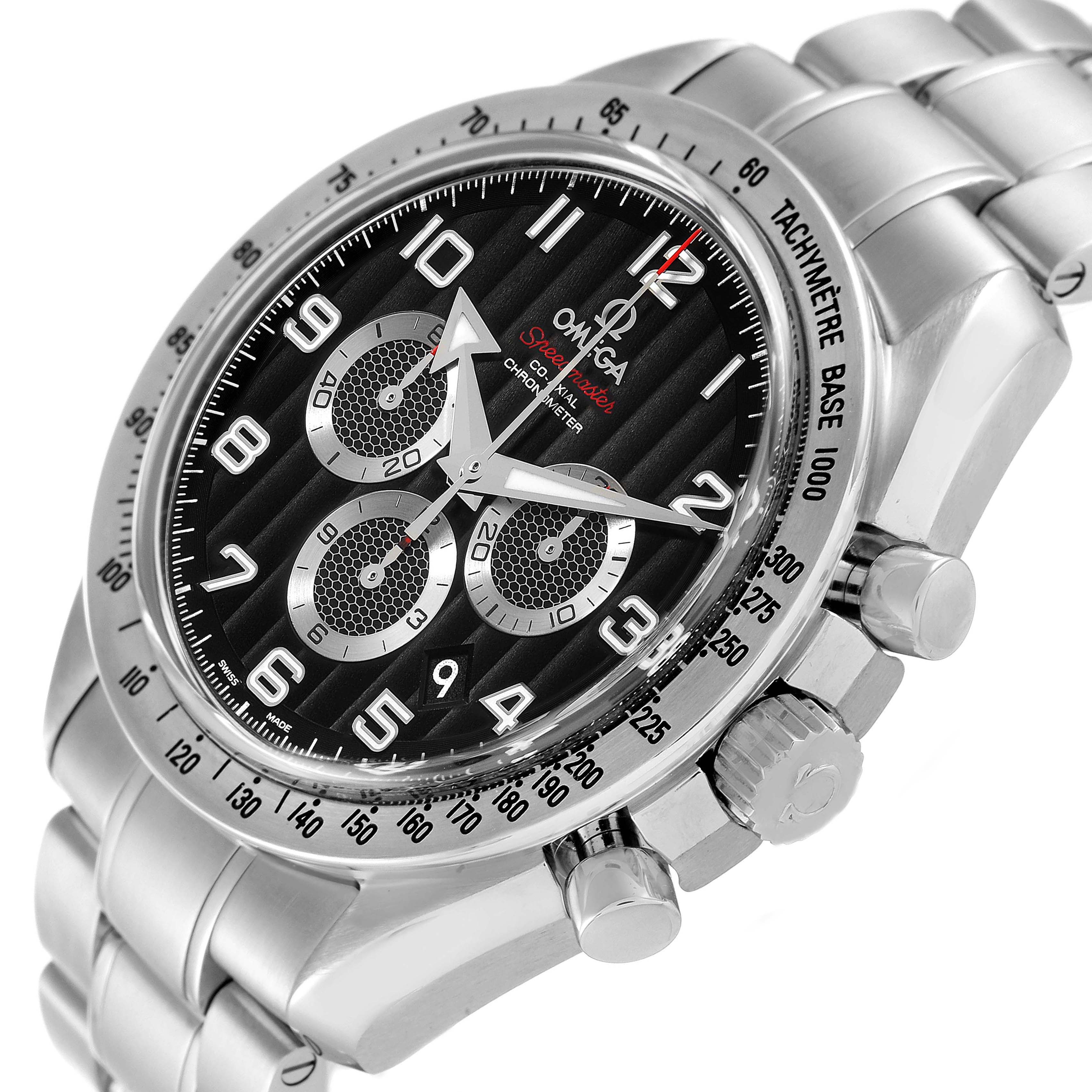 This Omega Speedmaster 321.10.44.50.01.001 Men's Stainless Steel Black Dial 321.10.44.50.01.001 Men's Stainless Steel Black Dial watch is shown at an angled close-up, displaying the watch face, bezel, crown, and chronograph pushers.