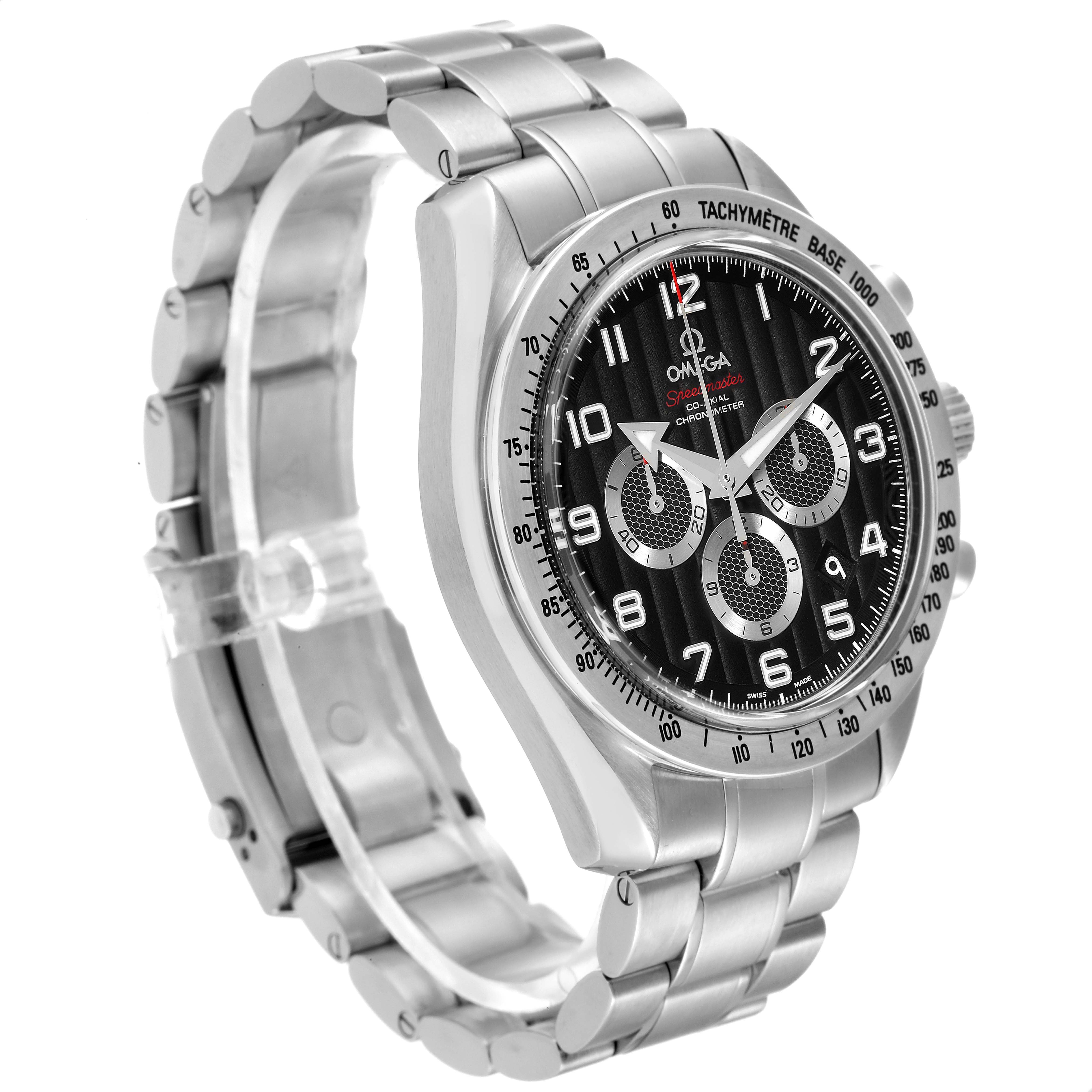 The Omega Speedmaster 321.10.44.50.01.001 Men's Stainless Steel Black Dial 321.10.44.50.01.001 Men's Stainless Steel Black Dial watch is shown at a three-quarter angle, highlighting the dial, bezel, and stainless steel bracelet.