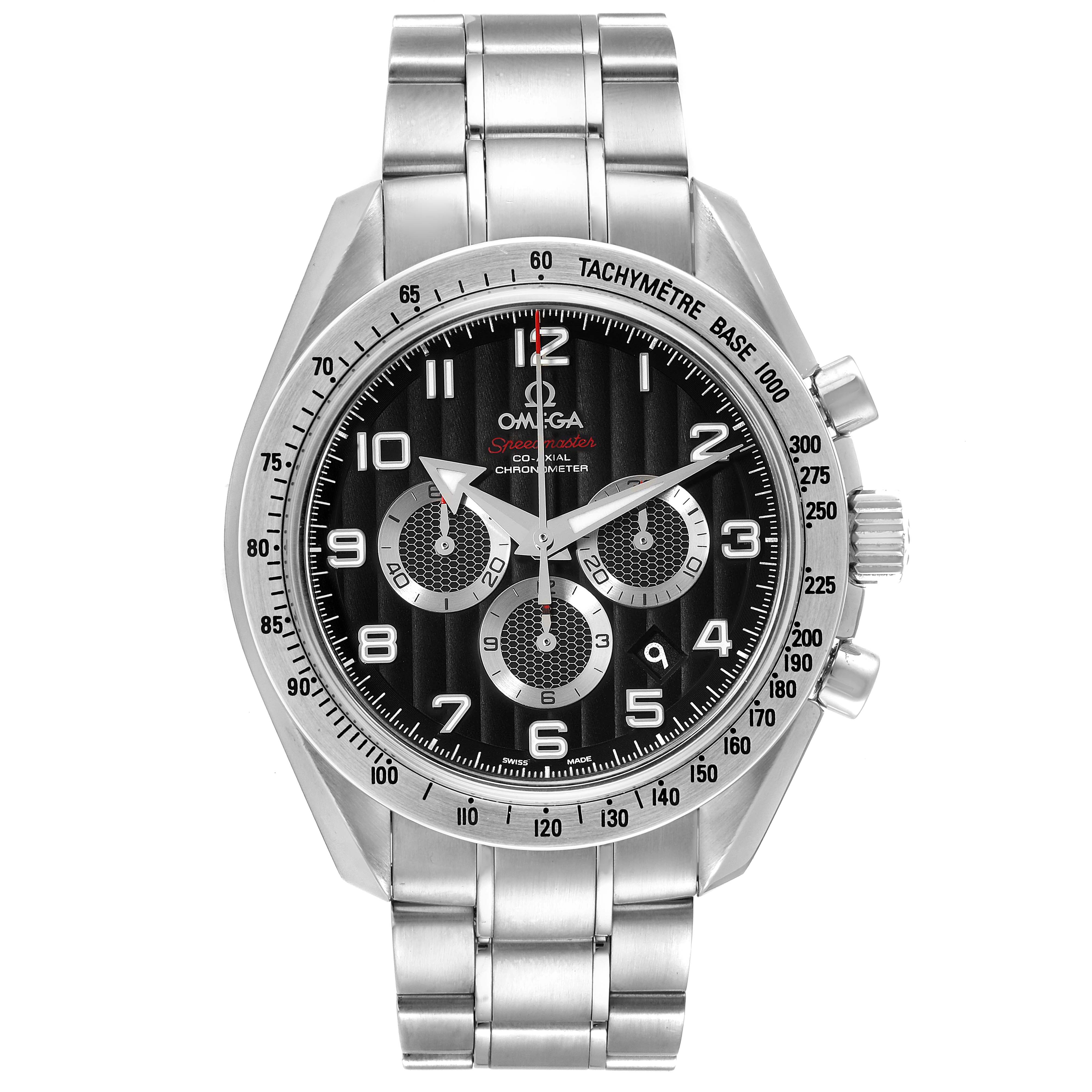 This image shows a front view of the Omega Speedmaster 321.10.44.50.01.001 Men's Stainless Steel Black Dial 321.10.44.50.01.001 Men's Stainless Steel Black Dial watch, displaying its dial, bezel, and bracelet.