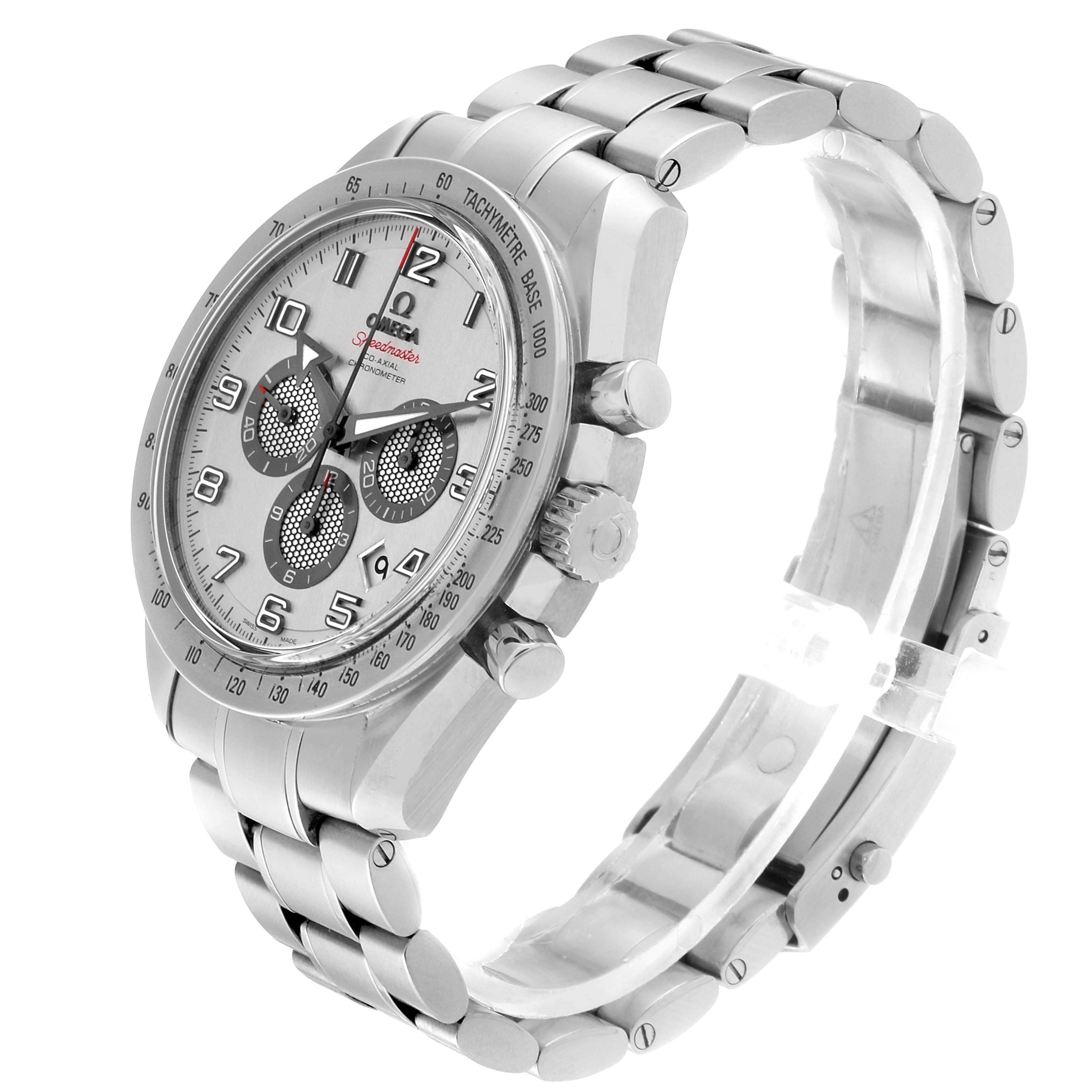 The image shows an Omega Speedmaster 321.10.44.50.02.001 Men's Stainless Steel Silver Dial 321.10.44.50.02.001 Men's Stainless Steel Silver Dial watch from a front angle, highlighting the face, bezel, crown, and bracelet.