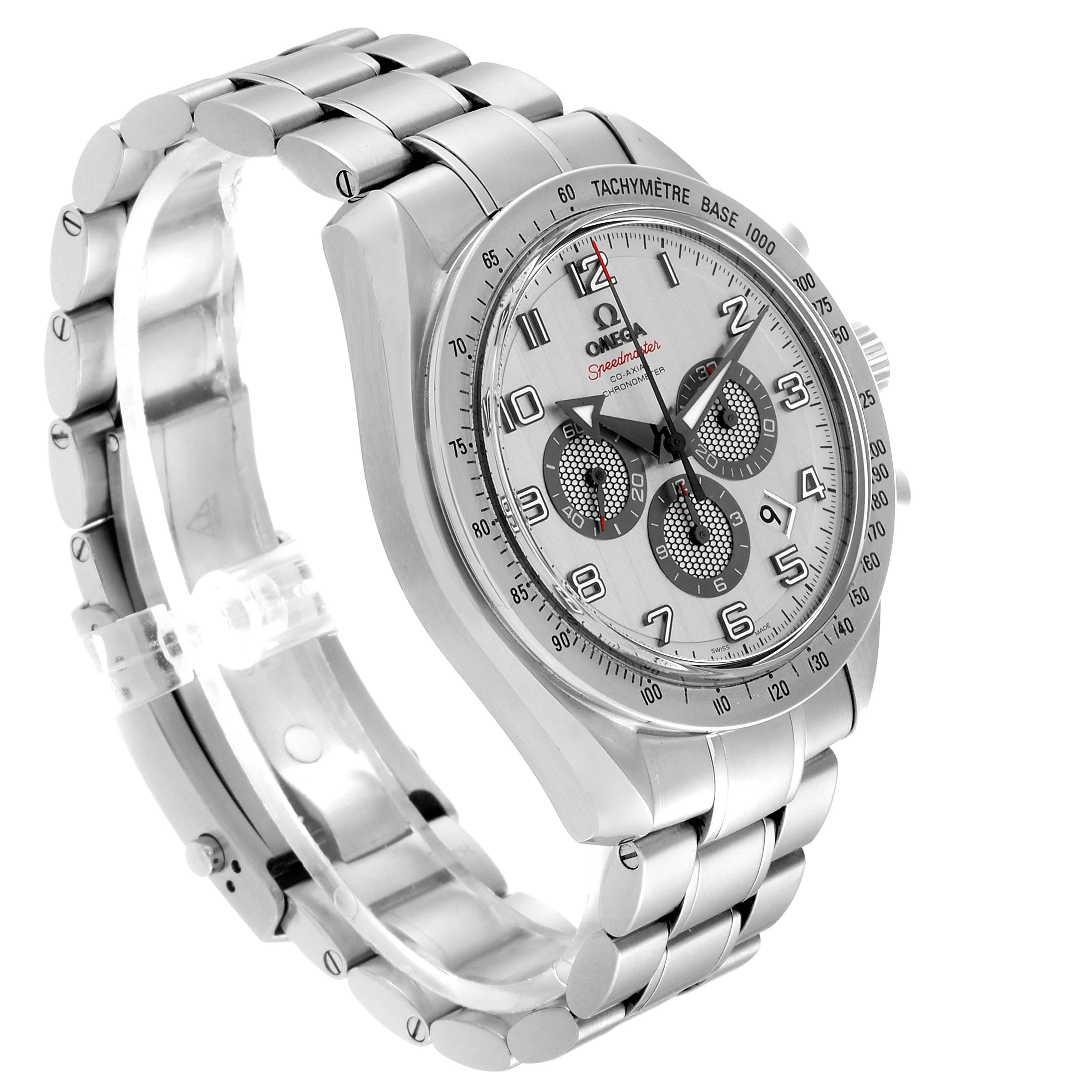 The image shows a left-side angled view of the Omega Speedmaster 321.10.44.50.02.001 Men's Stainless Steel Silver Dial 321.10.44.50.02.001 Men's Stainless Steel Silver Dial watch, highlighting the watch face, case, and metal bracelet.