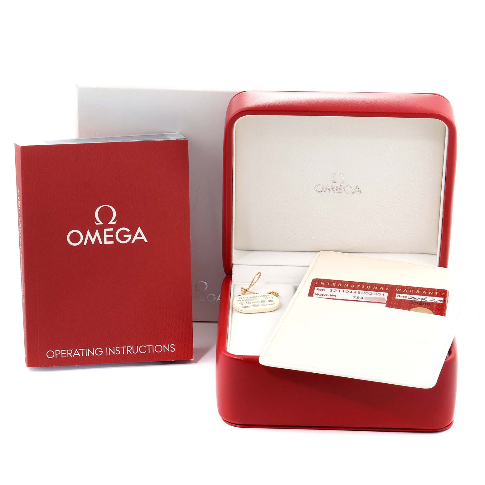 The image shows an Omega Speedmaster 321.10.44.50.02.001 Men's Stainless Steel Silver Dial 321.10.44.50.02.001 Men's Stainless Steel Silver Dial watch case, operating instructions booklet, and warranty card.