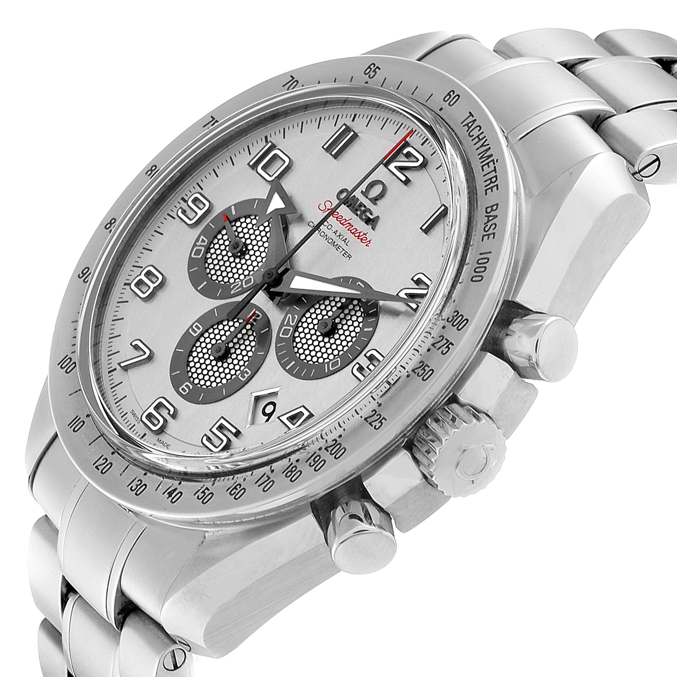 The Omega Speedmaster 321.10.44.50.02.001 Men's Stainless Steel Silver Dial 321.10.44.50.02.001 Men's Stainless Steel Silver Dial watch is shown at a slight side angle, highlighting the dial, tachymeter bezel, and side pushers.