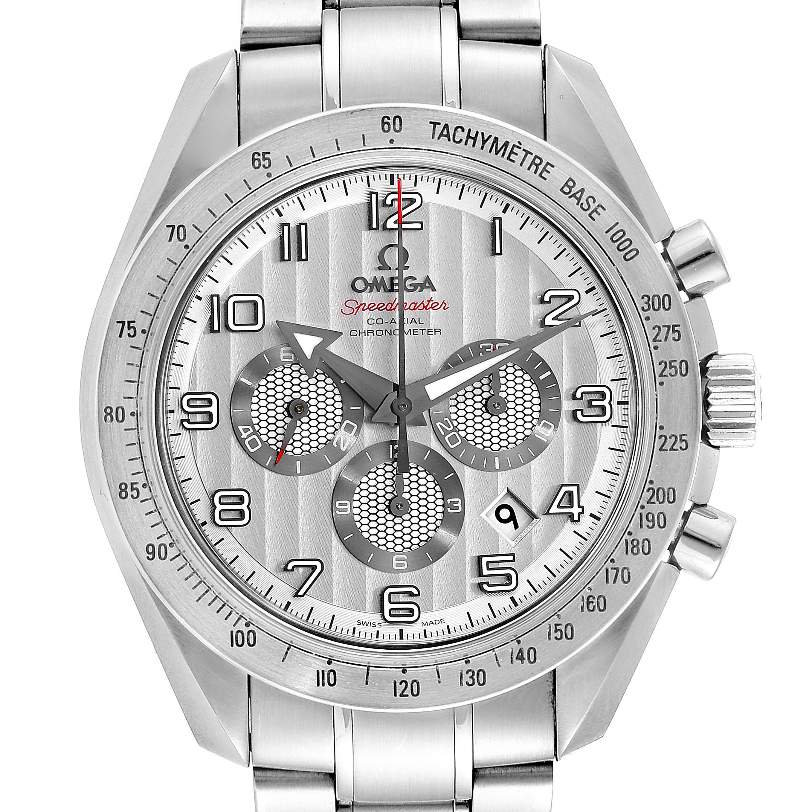 The image shows the front view of the Omega Speedmaster 321.10.44.50.02.001 Men's Stainless Steel Silver Dial 321.10.44.50.02.001 Men's Stainless Steel Silver Dial watch, displaying its dial, tachymeter bezel, and pushers.