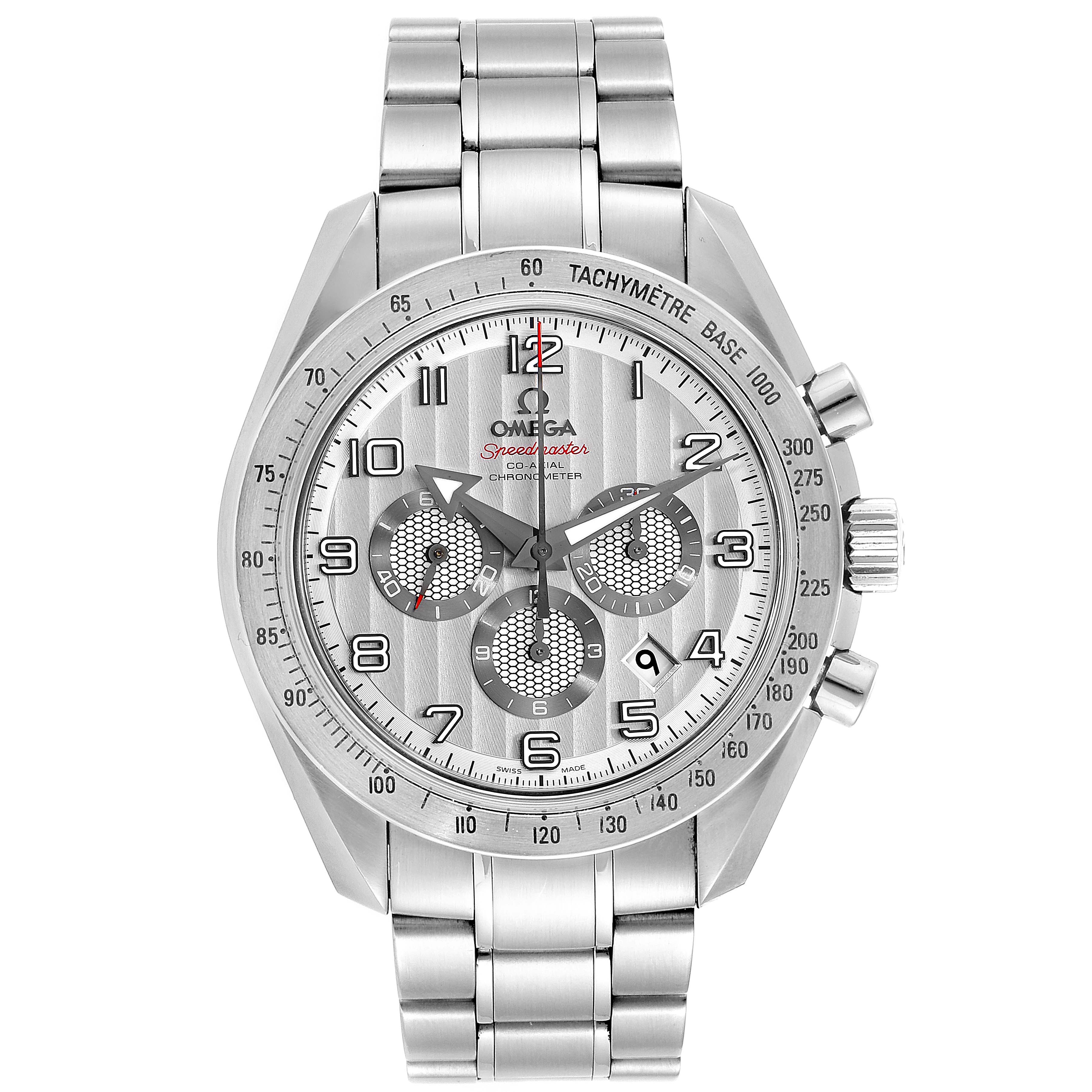 The image shows a front view of an Omega Speedmaster 321.10.44.50.02.001 Men's Stainless Steel Silver Dial 321.10.44.50.02.001 Men's Stainless Steel Silver Dial watch, including the dial, bezel, crown, pushers, and bracelet.