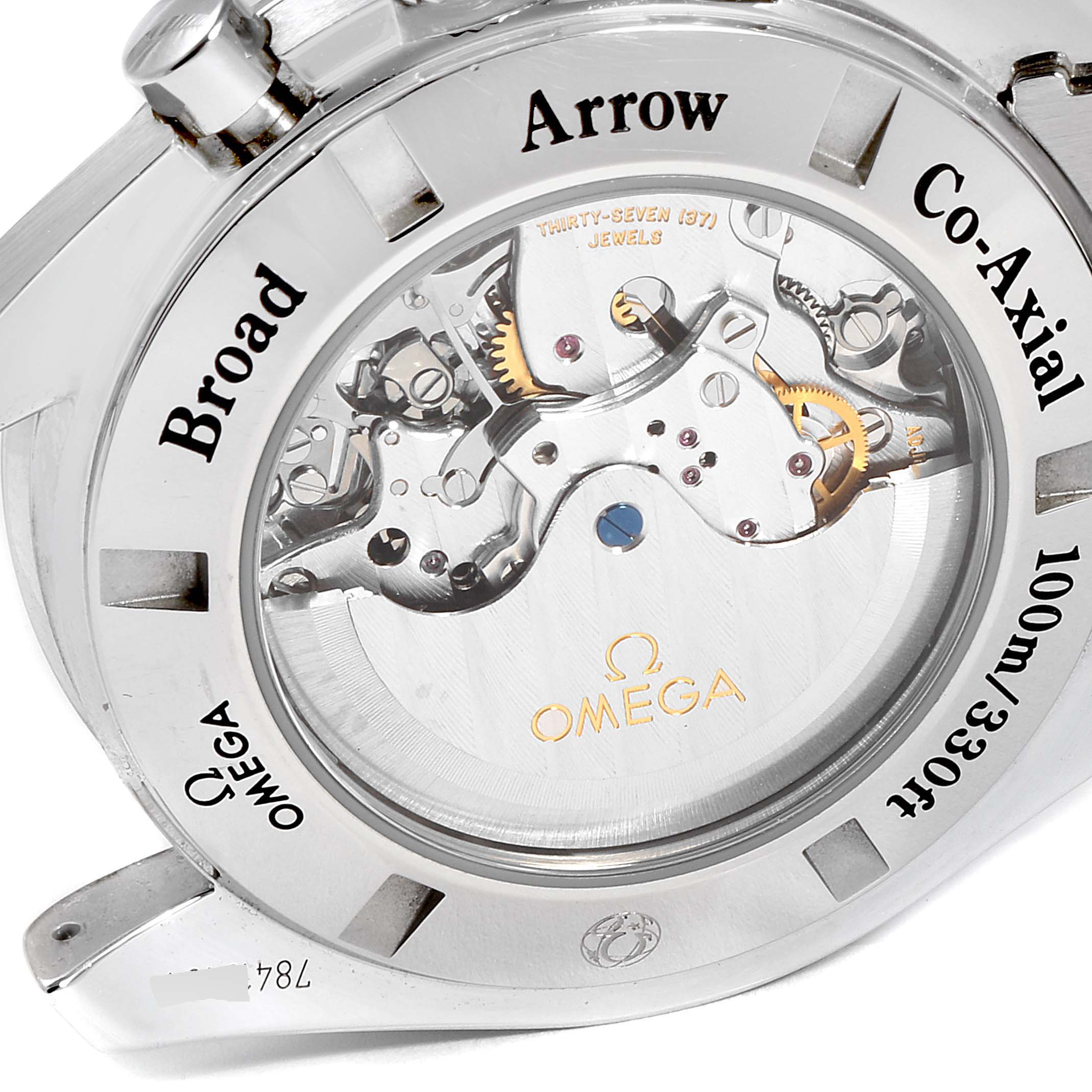 The image shows the back of an Omega Speedmaster 321.10.44.50.02.001 Men's Stainless Steel Silver Dial 321.10.44.50.02.001 Men's Stainless Steel Silver Dial watch, highlighting its internal mechanism and branding details.