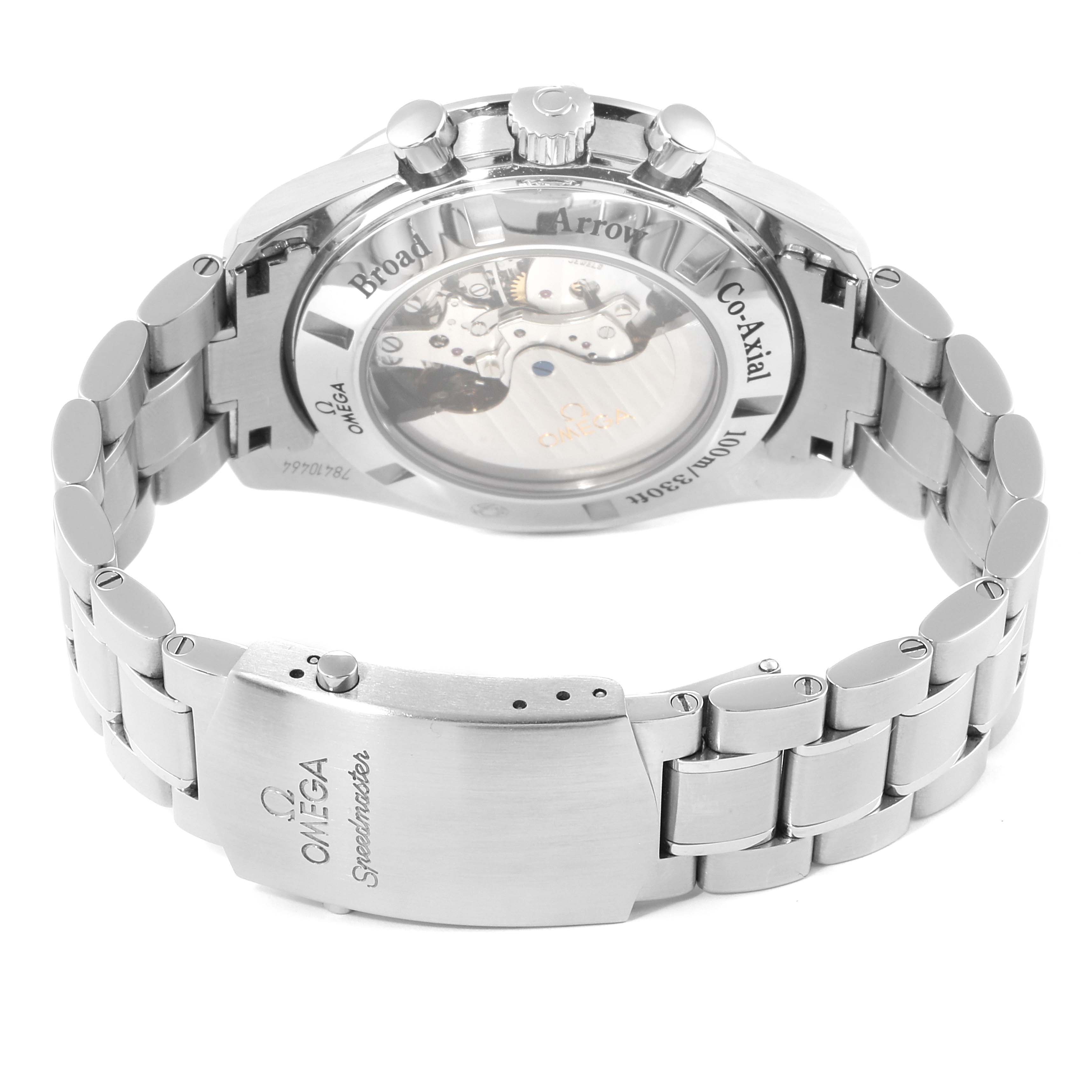 The image shows the back view of an Omega Speedmaster 321.10.44.50.02.001 Men's Stainless Steel Silver Dial 321.10.44.50.02.001 Men's Stainless Steel Silver Dial watch, highlighting its metal bracelet and transparent case back.