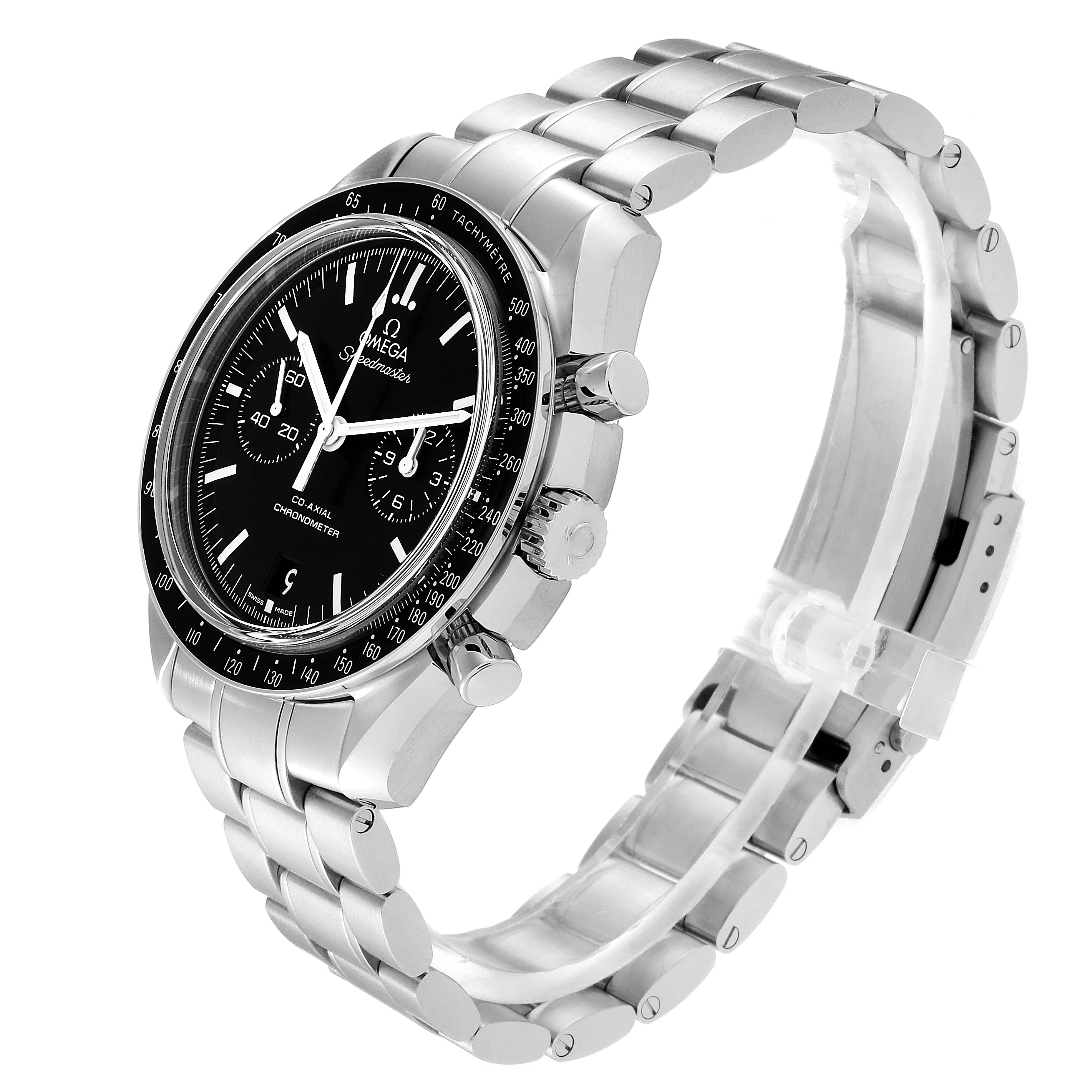 The image shows an angled side view of the Omega Speedmaster 311.30.44.51.01.002 Men's Stainless Steel Black Dial 311.30.44.51.01.002 Men's Stainless Steel Black Dial watch, highlighting the dial, bezel, and metal bracelet.