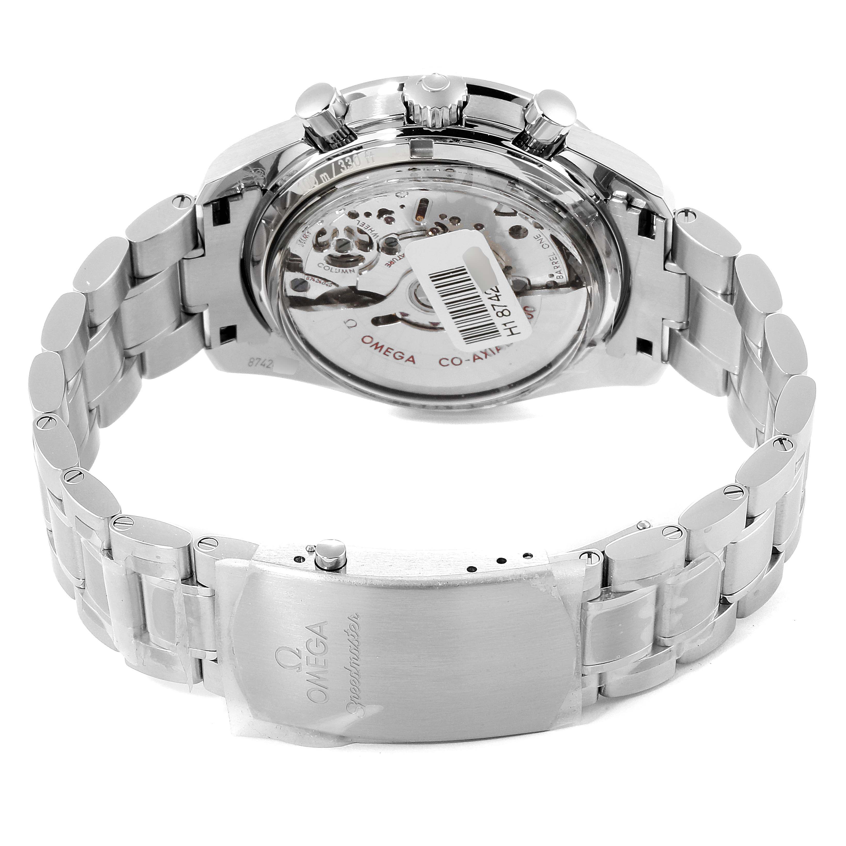 The image shows the back view of the Omega Speedmaster 311.30.44.51.01.002 Men's Stainless Steel Black Dial 311.30.44.51.01.002 Men's Stainless Steel Black Dial, revealing the movement and clasp.