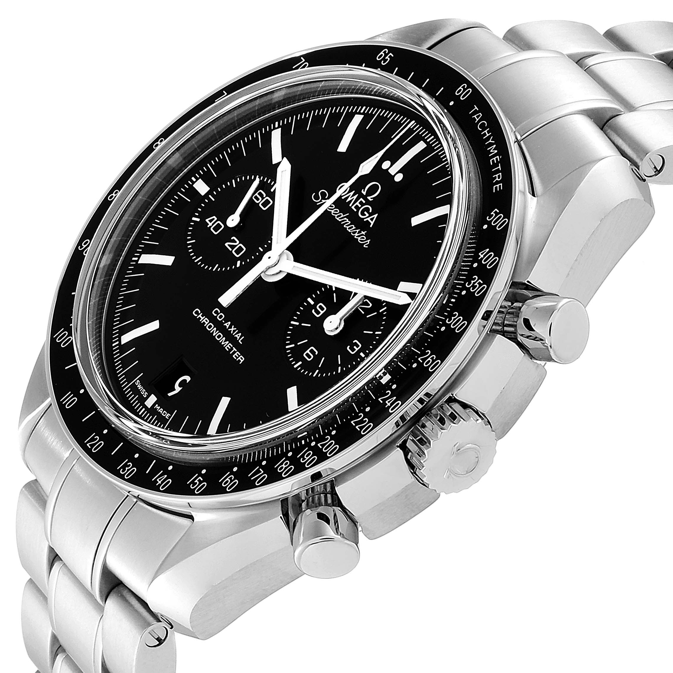 The Omega Speedmaster 311.30.44.51.01.002 Men's Stainless Steel Black Dial 311.30.44.51.01.002 Men's Stainless Steel Black Dial watch is shown at a three-quarter angle, highlighting its black dial, sub-dials, and stainless steel bracelet.