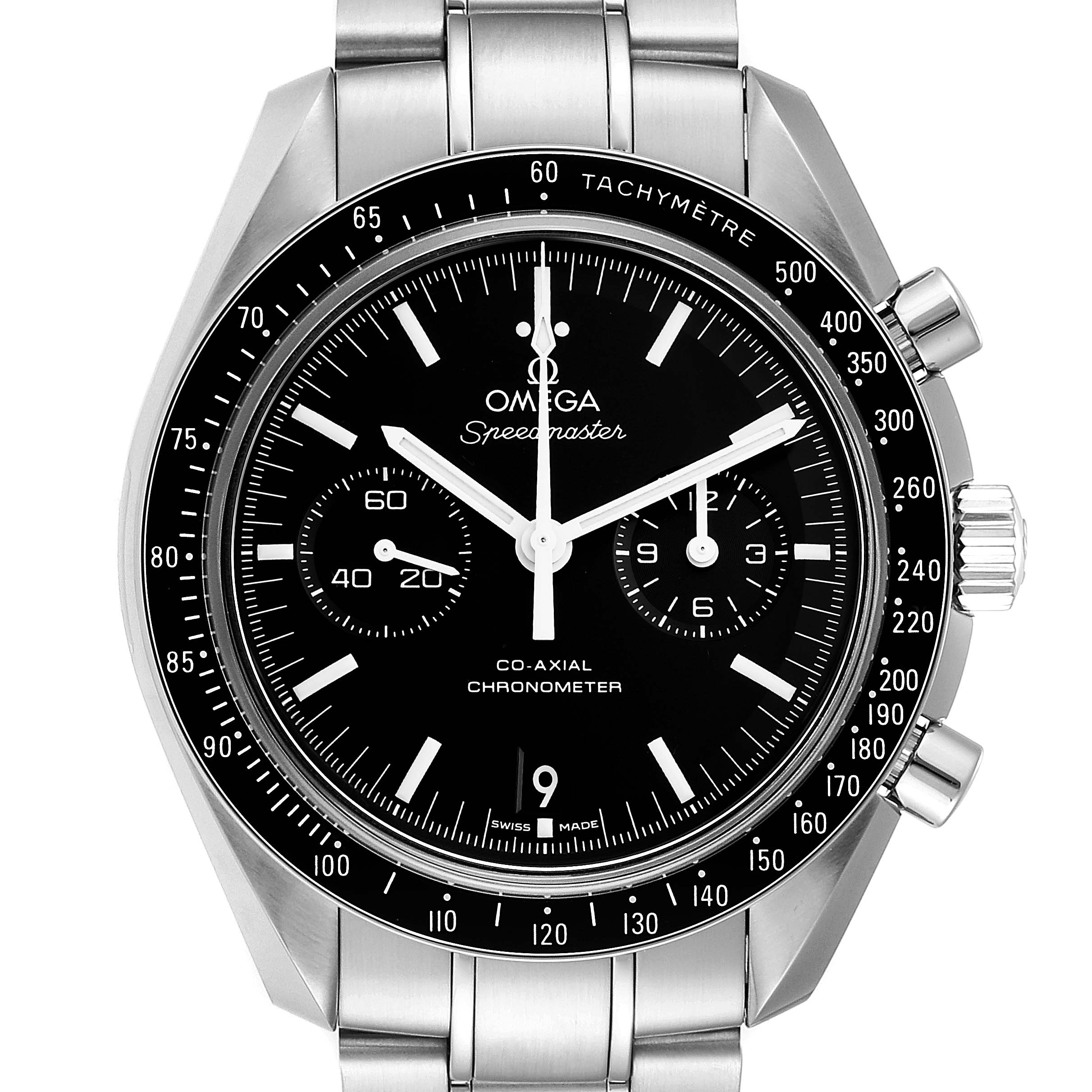 The image shows a front view of the Omega Speedmaster 311.30.44.51.01.002 Men's Stainless Steel Black Dial 311.30.44.51.01.002 Men's Stainless Steel Black Dial watch, focusing on the dial, bezel, and stainless steel bracelet.