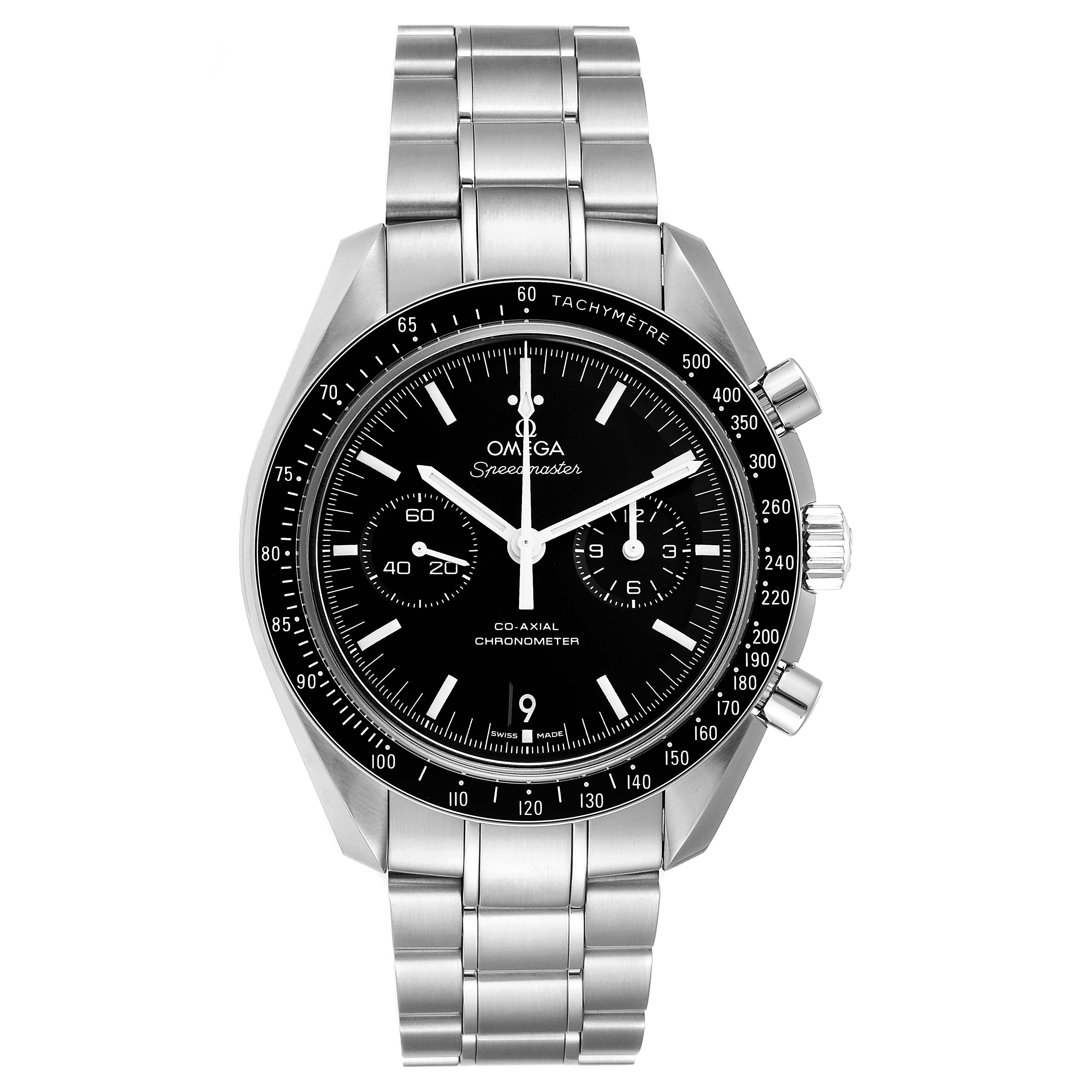 The Omega Speedmaster 311.30.44.51.01.002 Men's Stainless Steel Black Dial 311.30.44.51.01.002 Men's Stainless Steel Black Dial watch is shown from the front, displaying its dial, bezel, chronograph subdials, and metal bracelet.