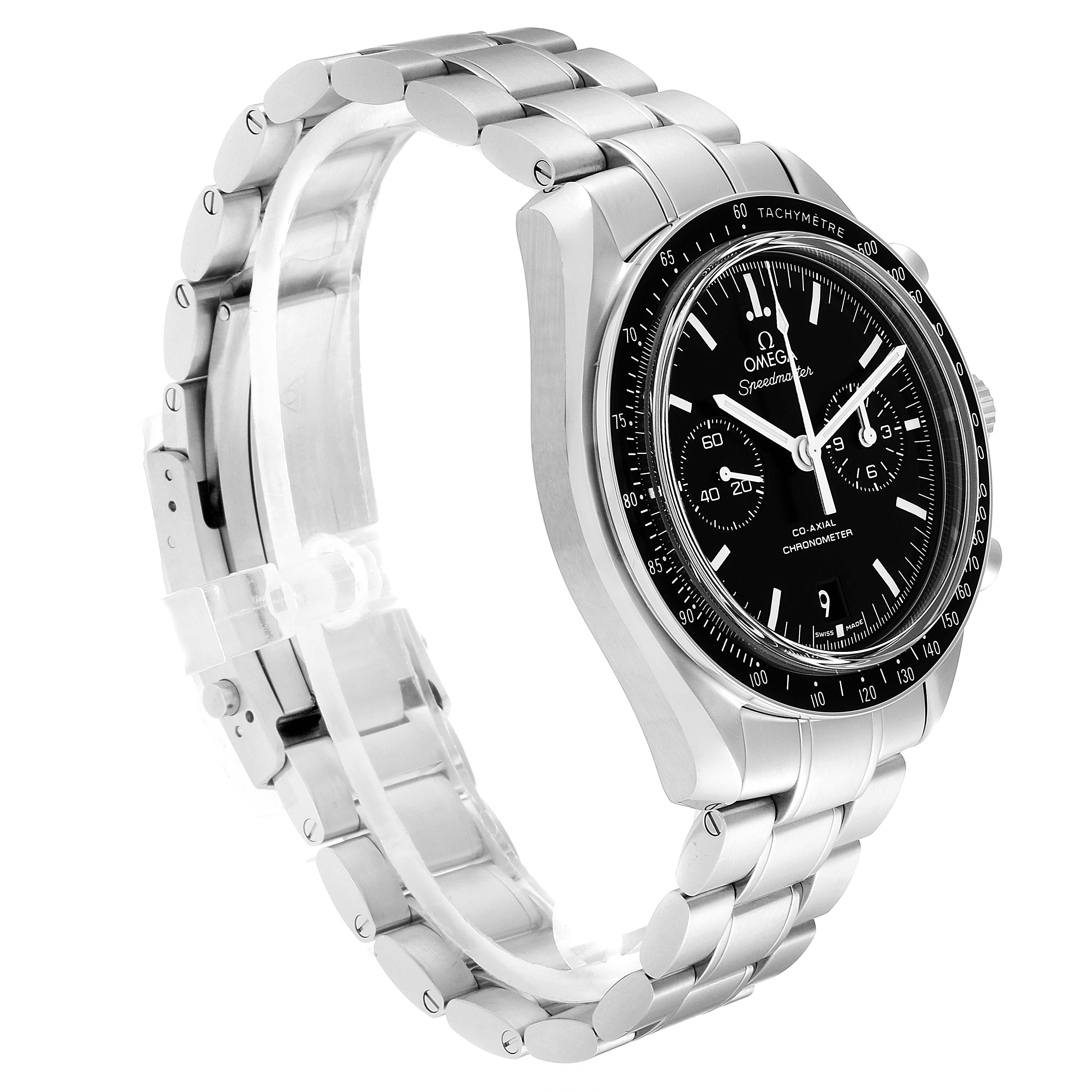 The image shows a side and front angle of the Omega Speedmaster 311.30.44.51.01.002 Men's Stainless Steel Black Dial 311.30.44.51.01.002 Men's Stainless Steel Black Dial watch, highlighting its bracelet and black dial with subdials.