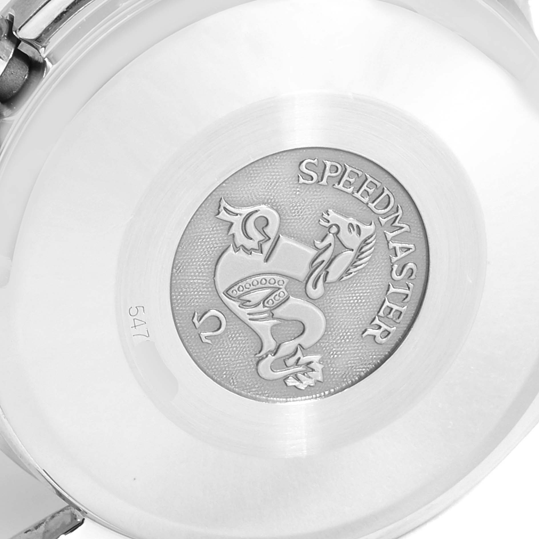 The image shows the case back of an Omega Speedmaster 3511.50.00 Men's Stainless Steel Black Dial 3511.50.00 Men's Stainless Steel Black Dial watch, featuring the Speedmaster engraving and emblem.