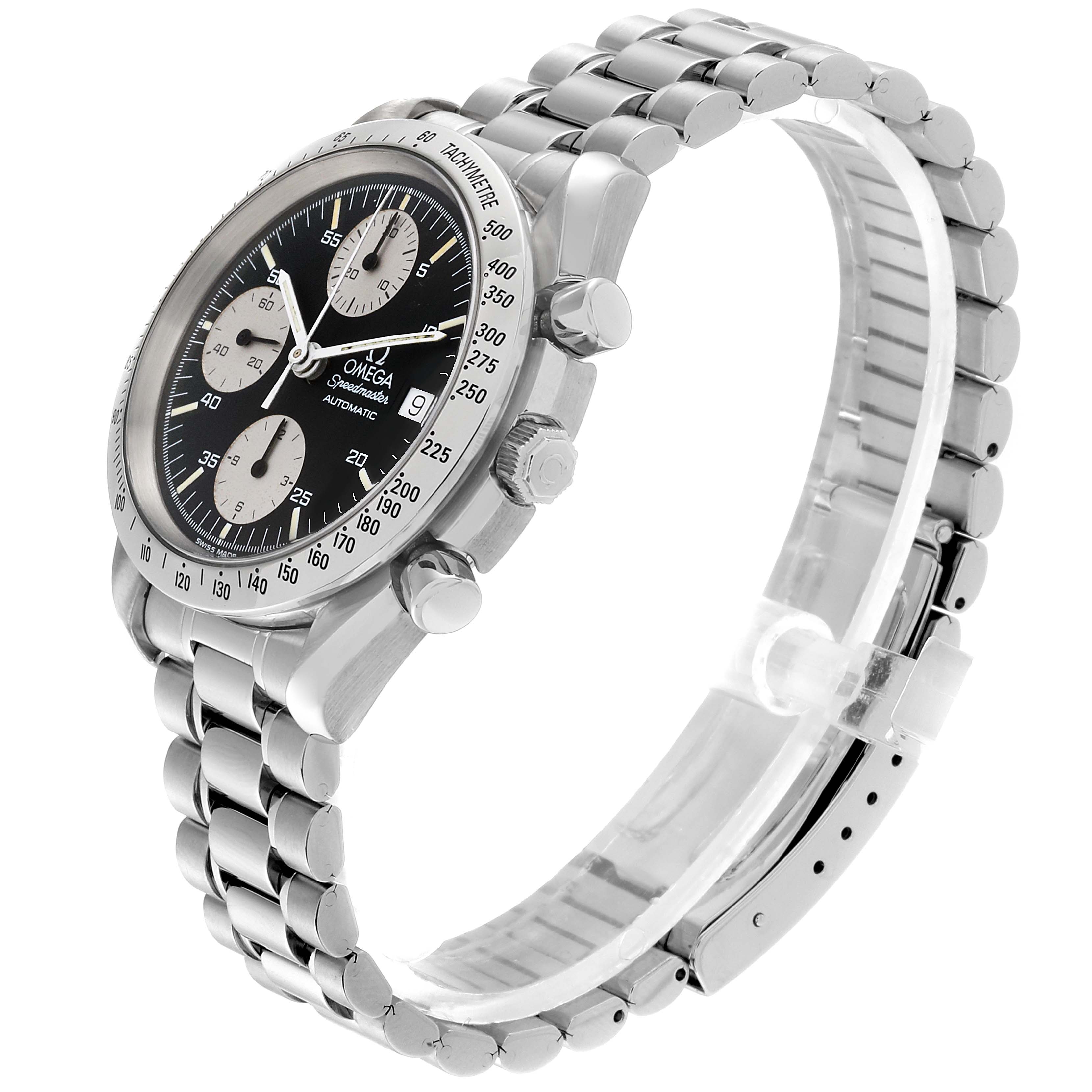 The image shows an Omega Speedmaster 3511.50.00 Men's Stainless Steel Black Dial 3511.50.00 Men's Stainless Steel Black Dial watch at a three-quarter angle, highlighting its face, chronograph buttons, and stainless steel bracelet.